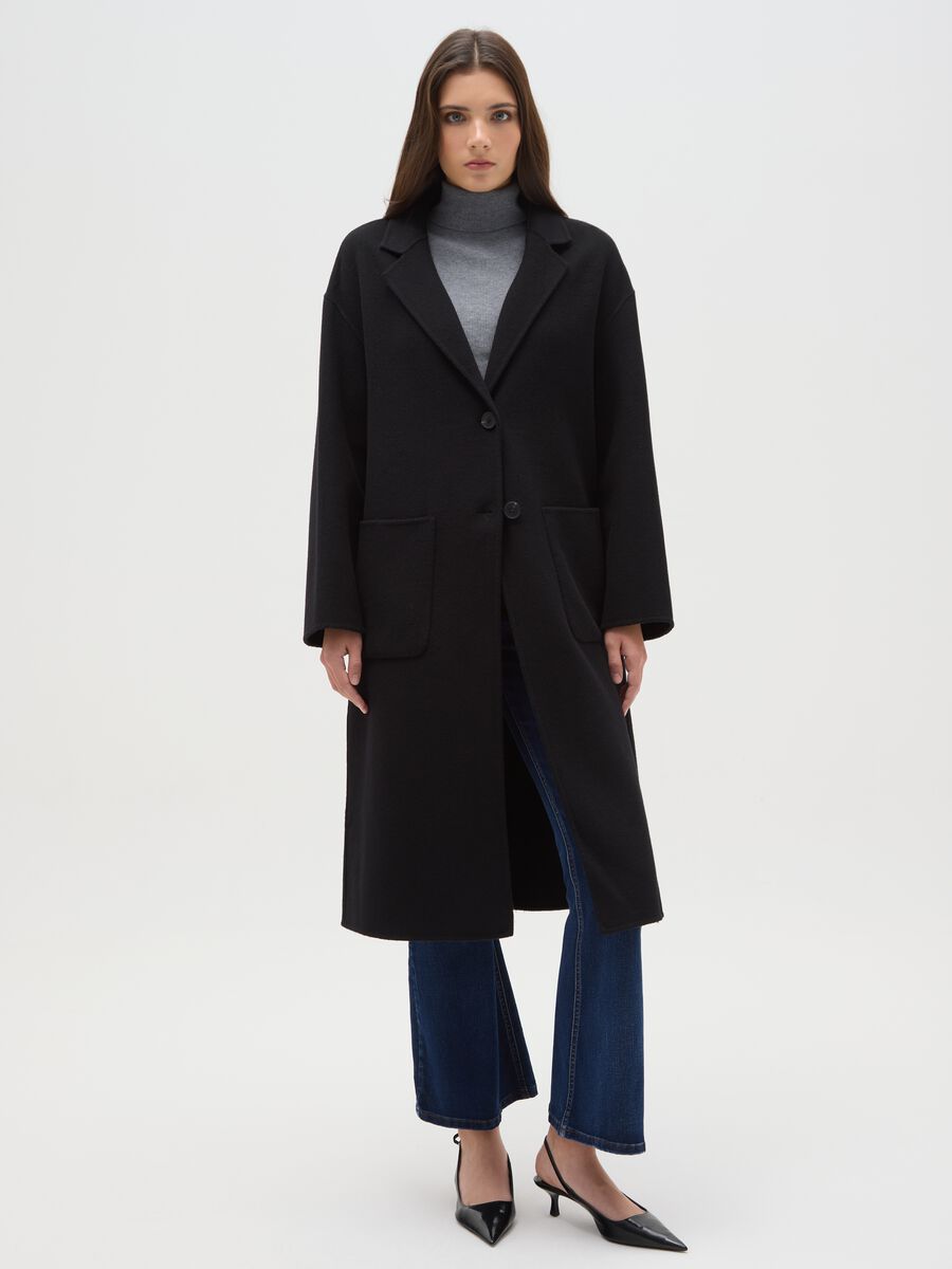 Cappotto lungo nero in misto lana e cashmere regular fit_0