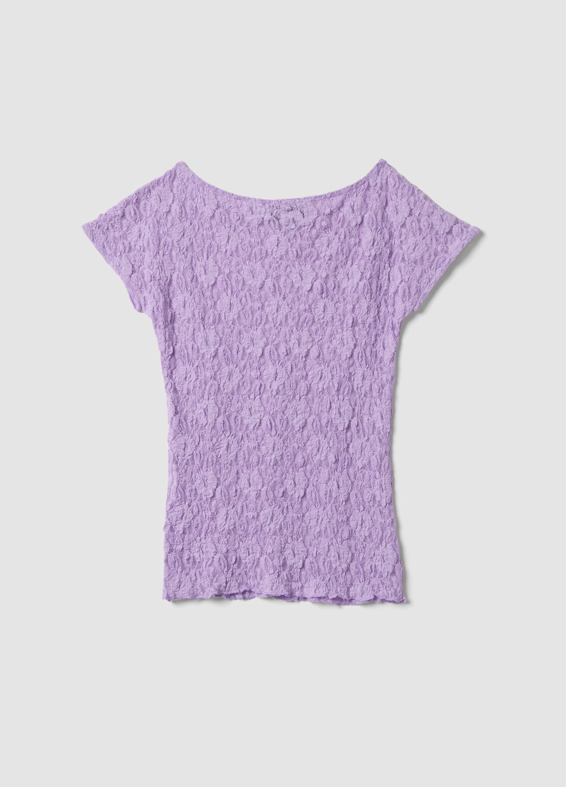 Purple stretch T-shirt with embossed floral texture