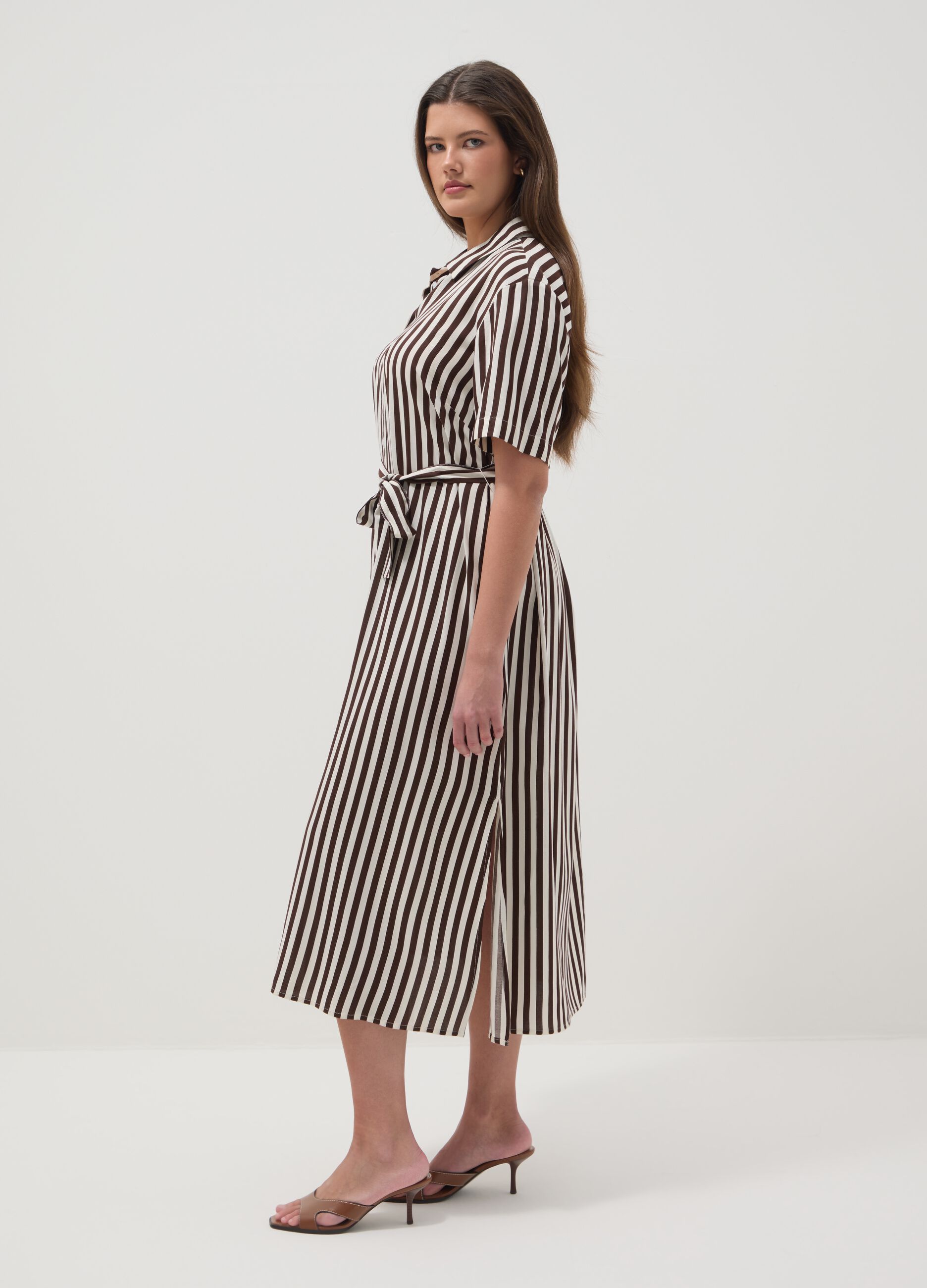 Regular fit multicolour striped pure viscose dress with belt