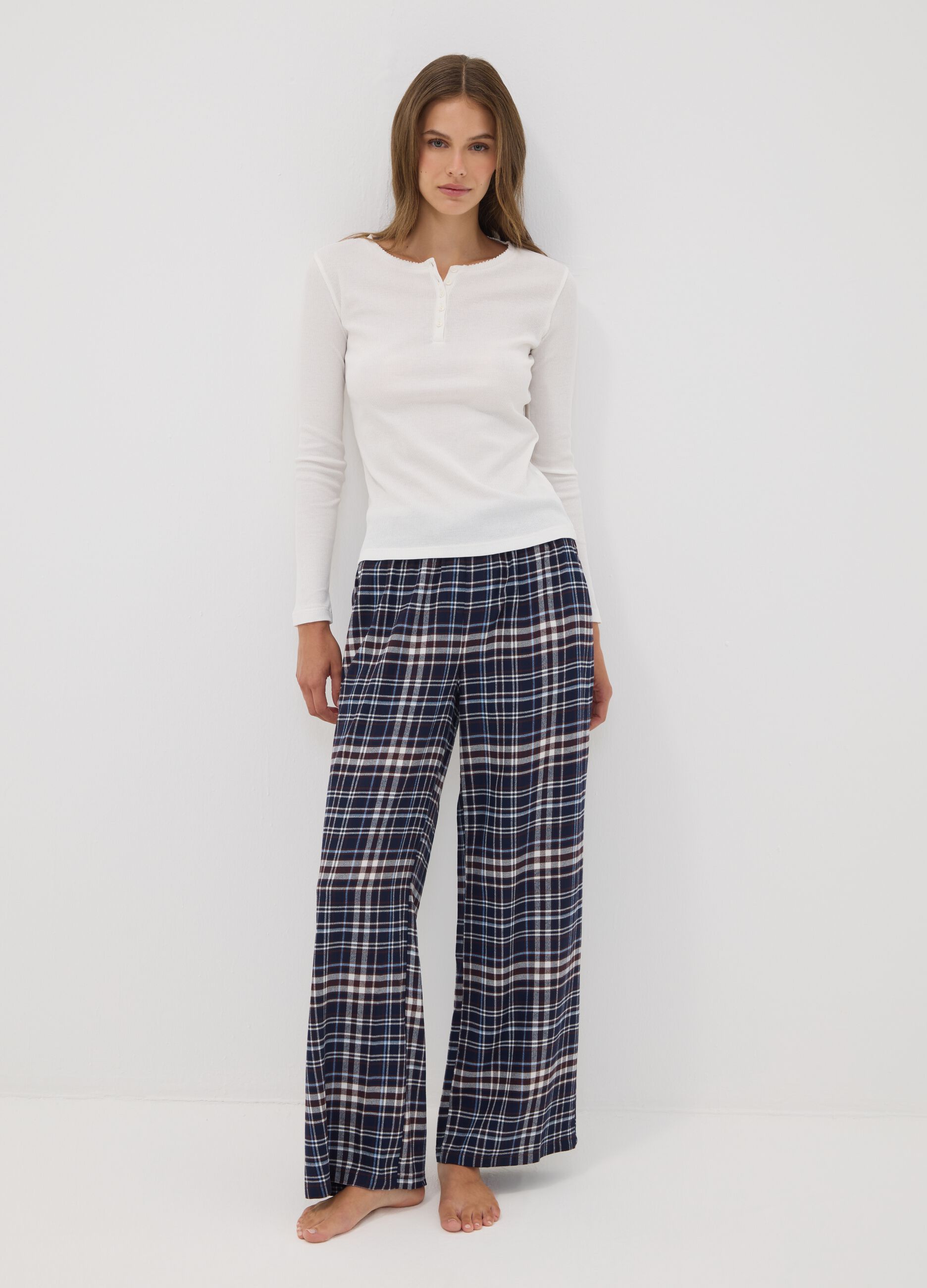 Blue checked pure viscose pyjama trousers