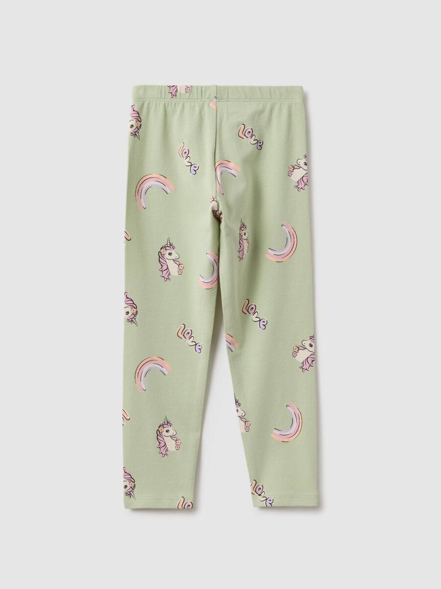 Girls' Green Stretch Cotton Leggings with Prints, Skinny Fit_1