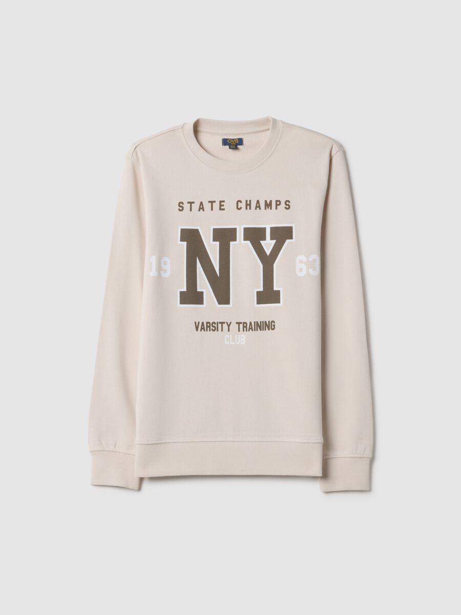 Felpa girocollo beige da ragazzo in puro cotone regular fit con stampa_3