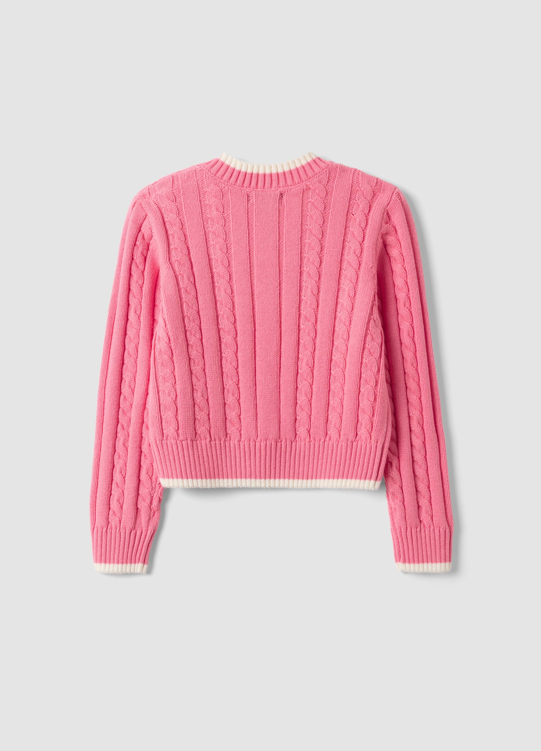 Pink pure cotton cable-knit V-neck jumper for girls