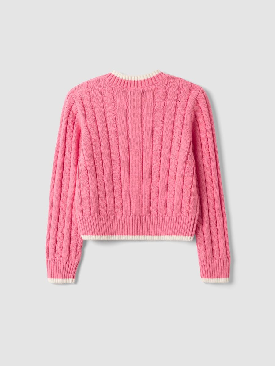Maglia rosa in puro cotone a trecce con scollo a V per bambina_1