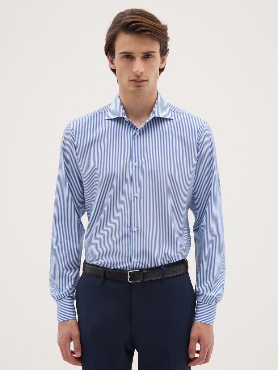 Slim Blue Striped Shirt with French Collar and Buttons_0