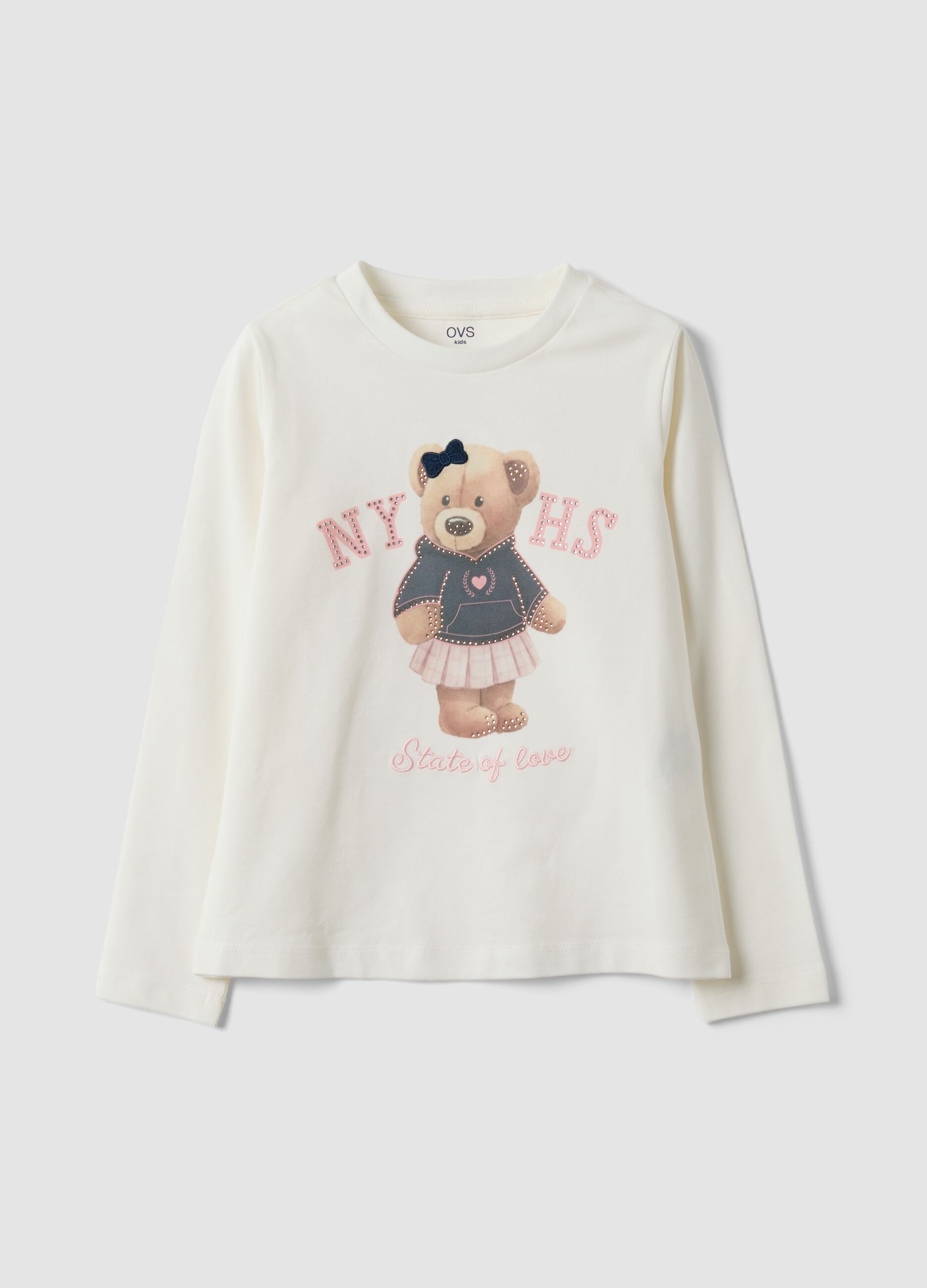 T-shirt bianca in cotone elasticizzato con stampa orsetto per bambina