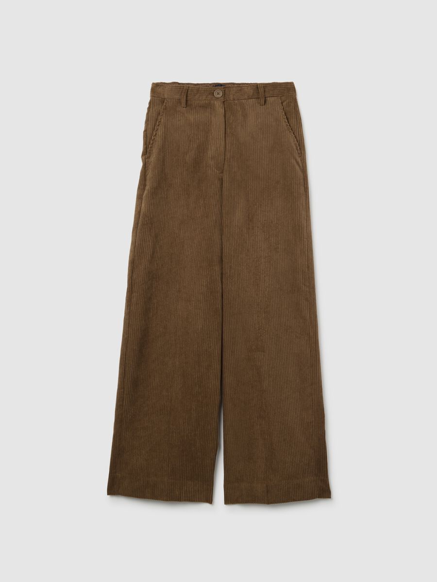 Brown regular fit textured stretch fabric trousers_0