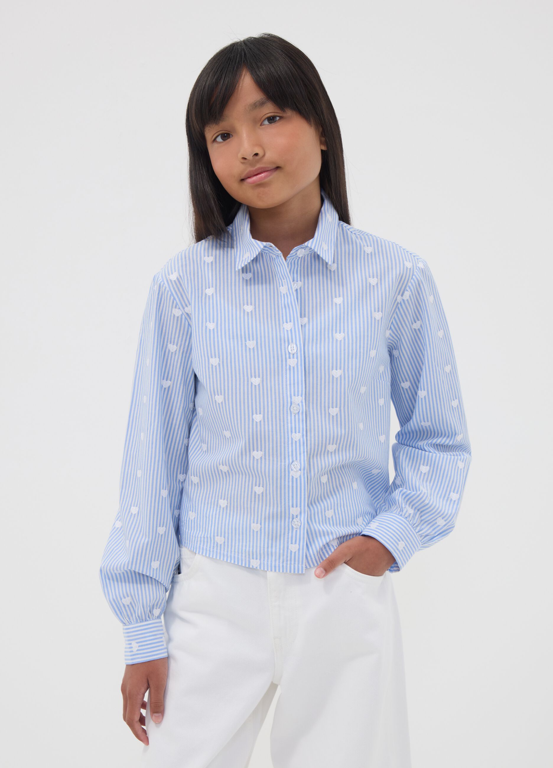 Blue striped pure cotton shirt with hearts for girls
