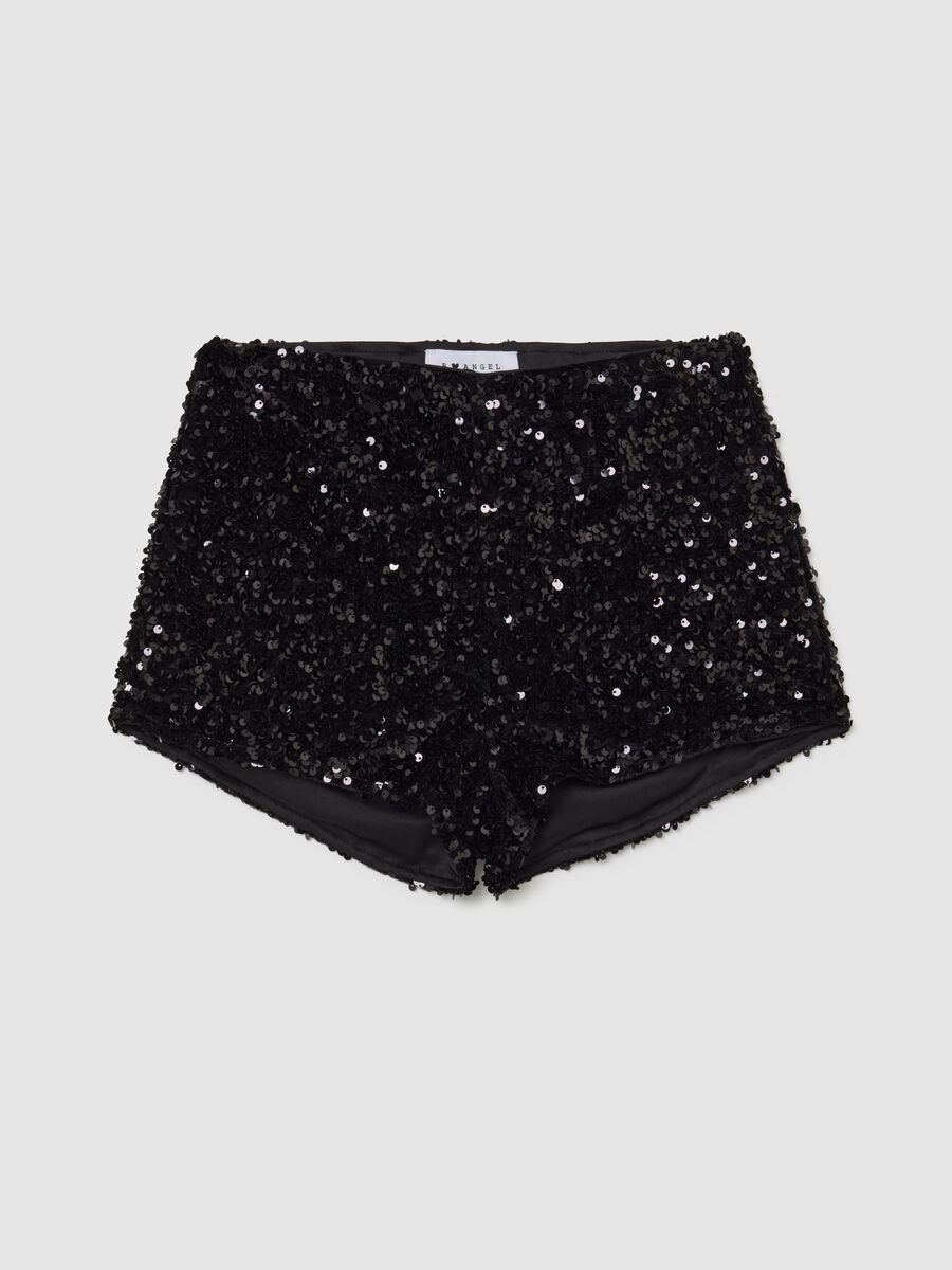 Shorts in velour nero regular fit con paillettes_0