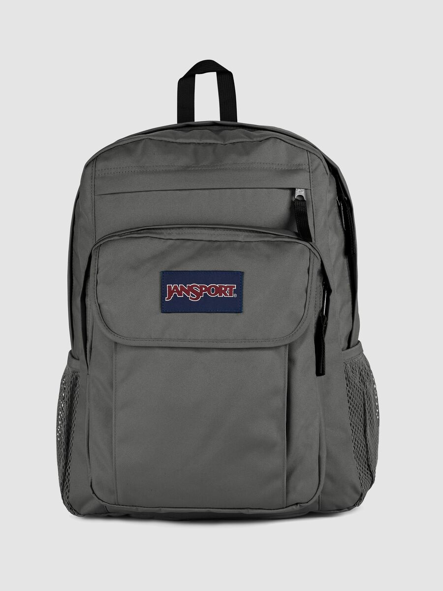 Grey backpack with front pocket and detailing_0