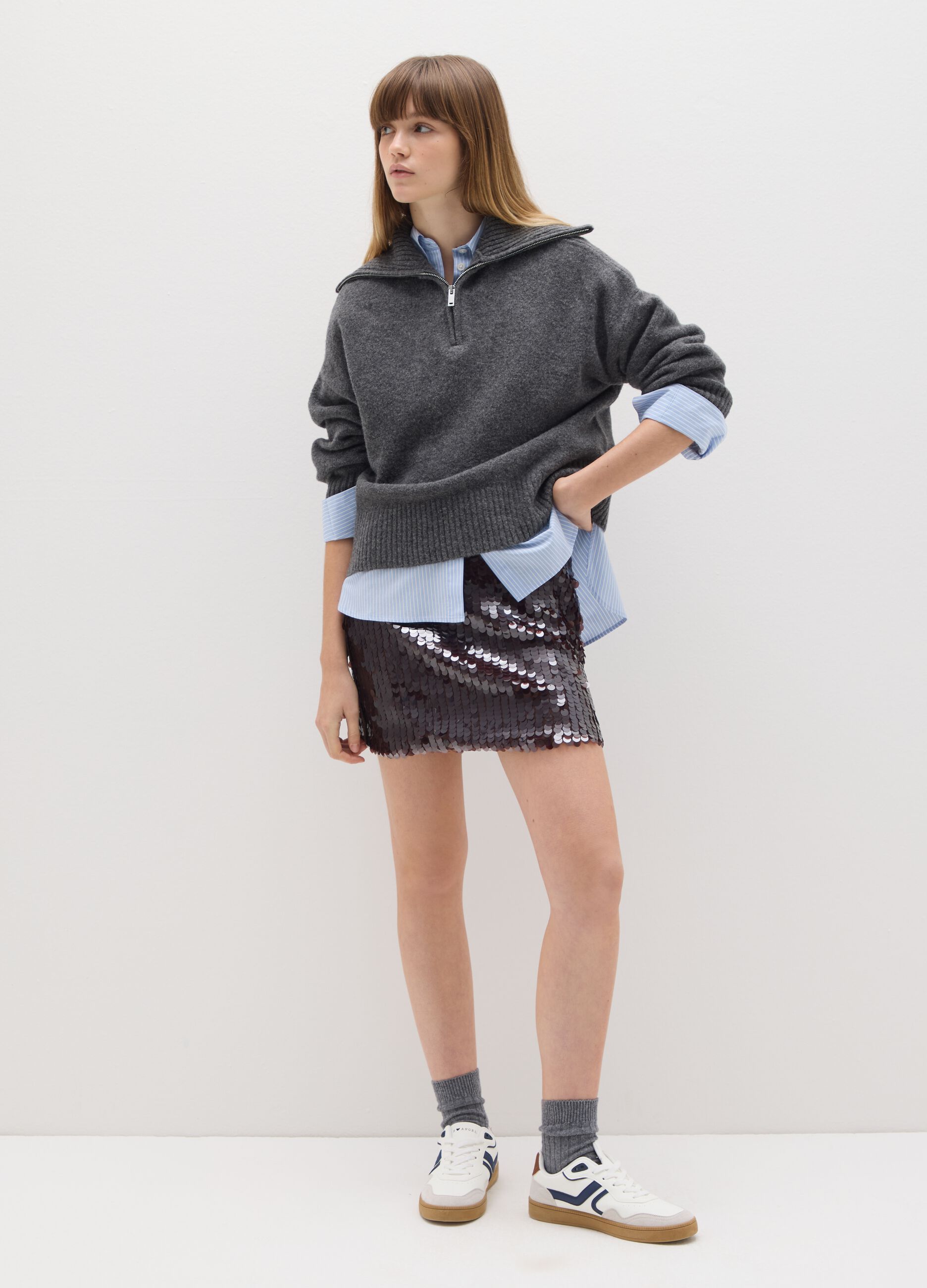 Grey Half-Zip Pullover in Acrylic and Wool Blend