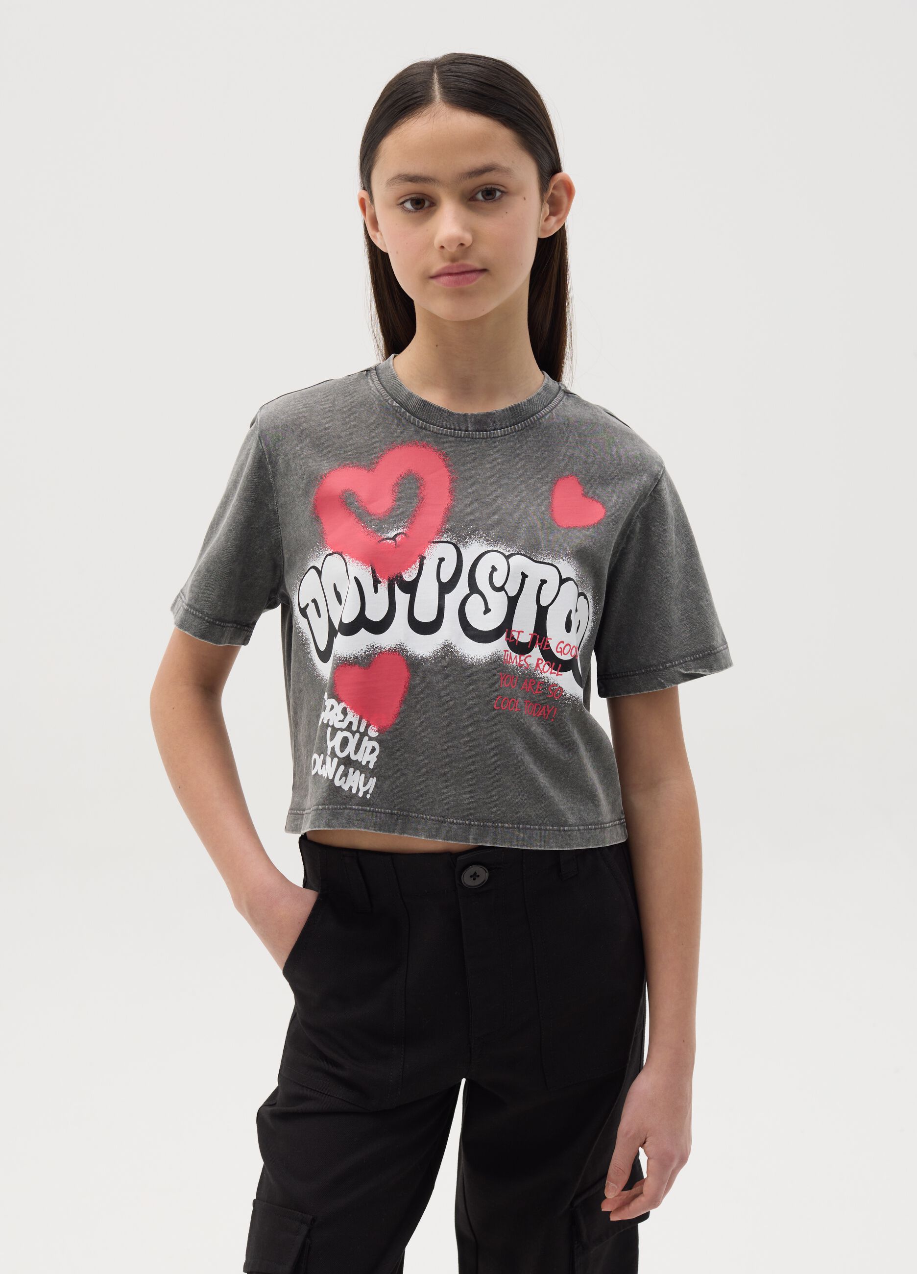 Crop T-shirt in cotton with "Don't Stop" print