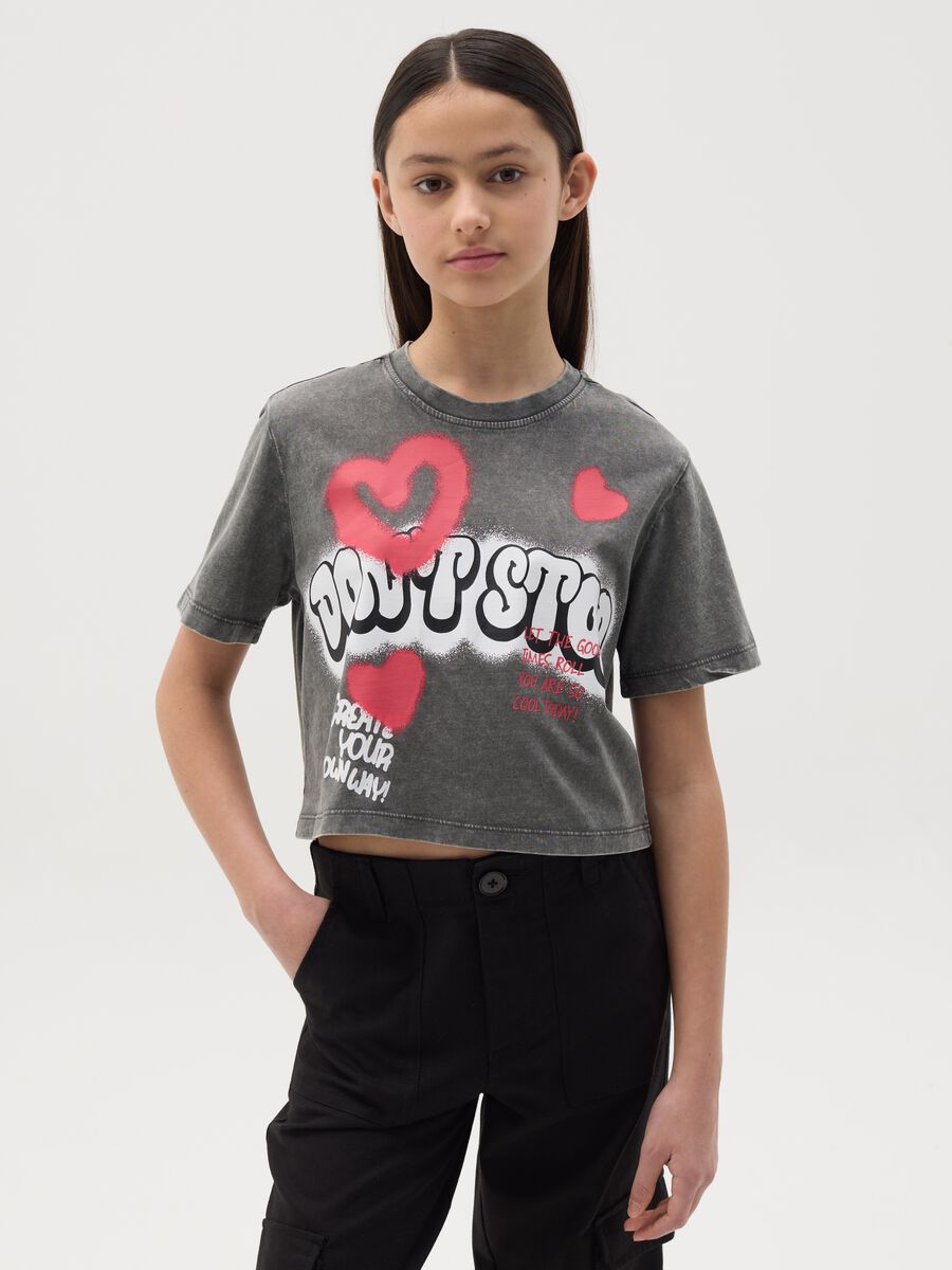 Crop T-shirt in cotton with "Don't Stop" print_0