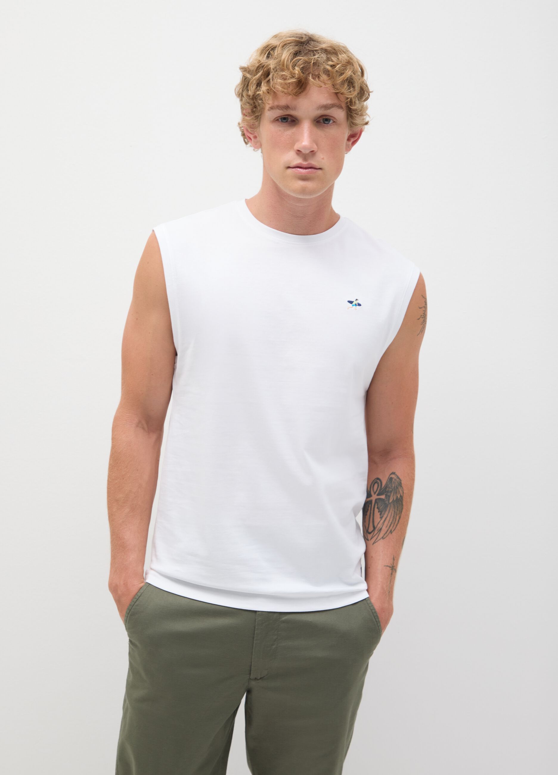 Men's white pure cotton tank top regular fit with embroidery