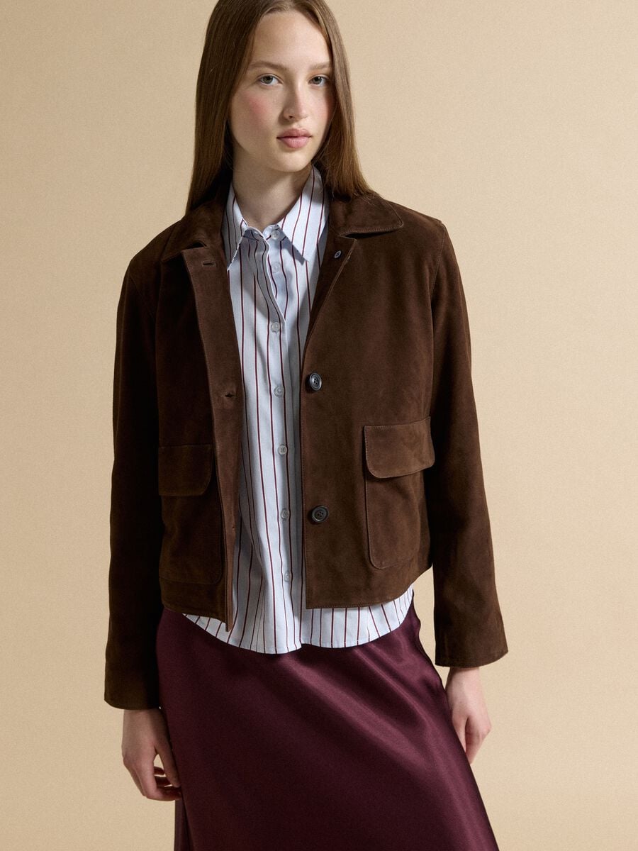 Blazer marrone in vera pelle regular fit con rever classico_0