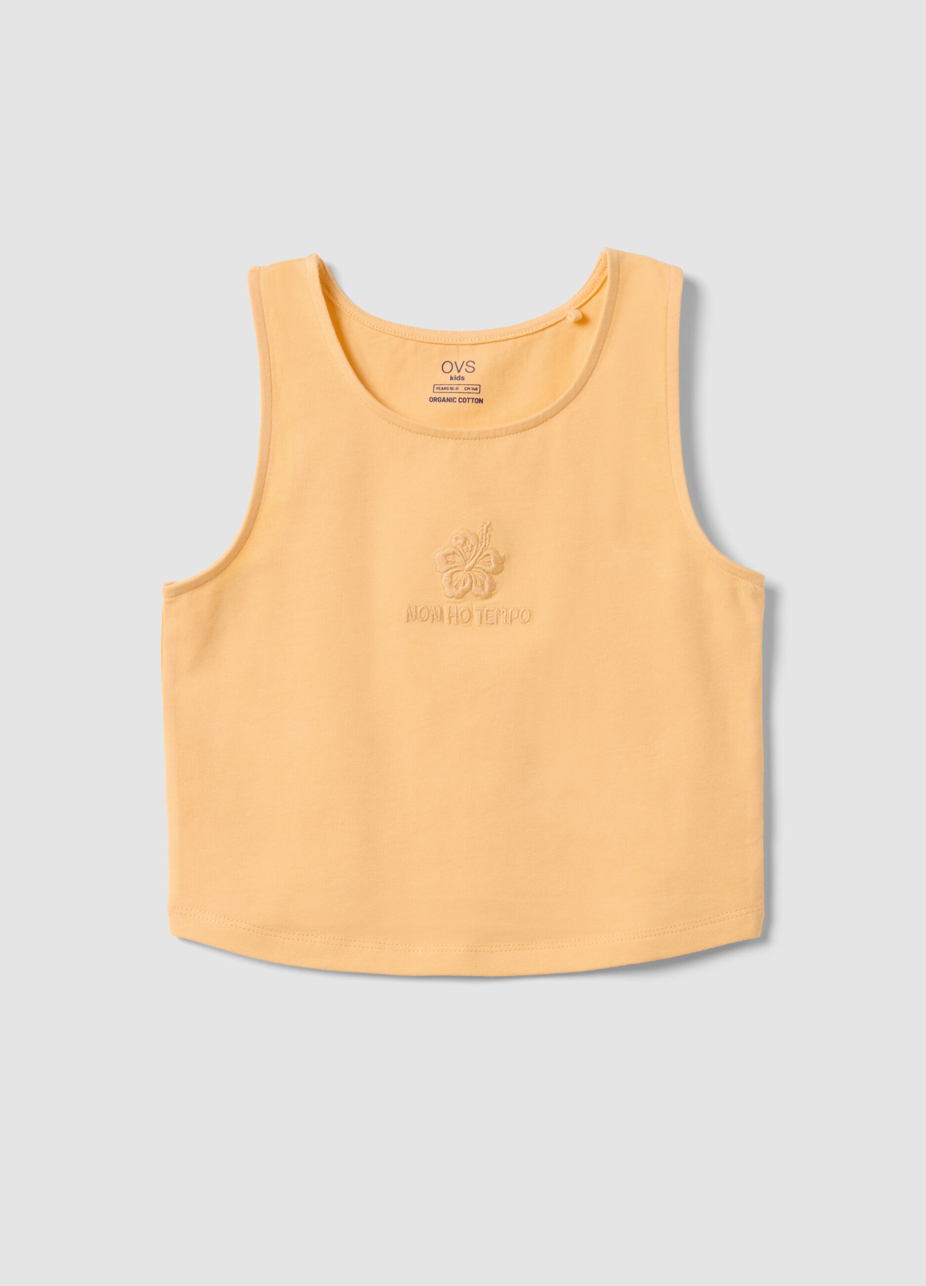 Orange fitted stretch cotton girls&rsquo; vest top with embroidery