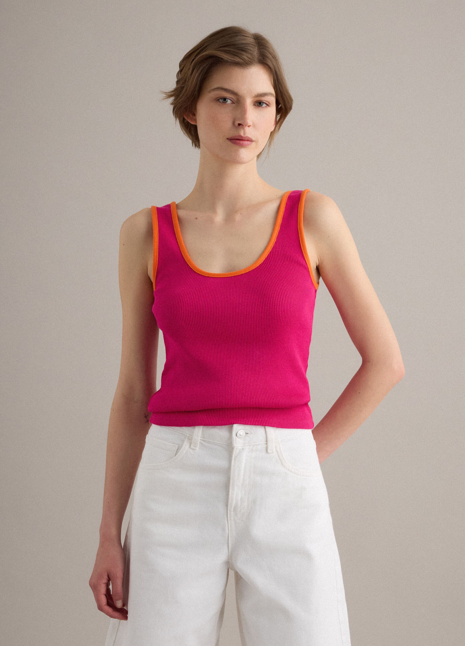Pink pure cotton ribbed tank top