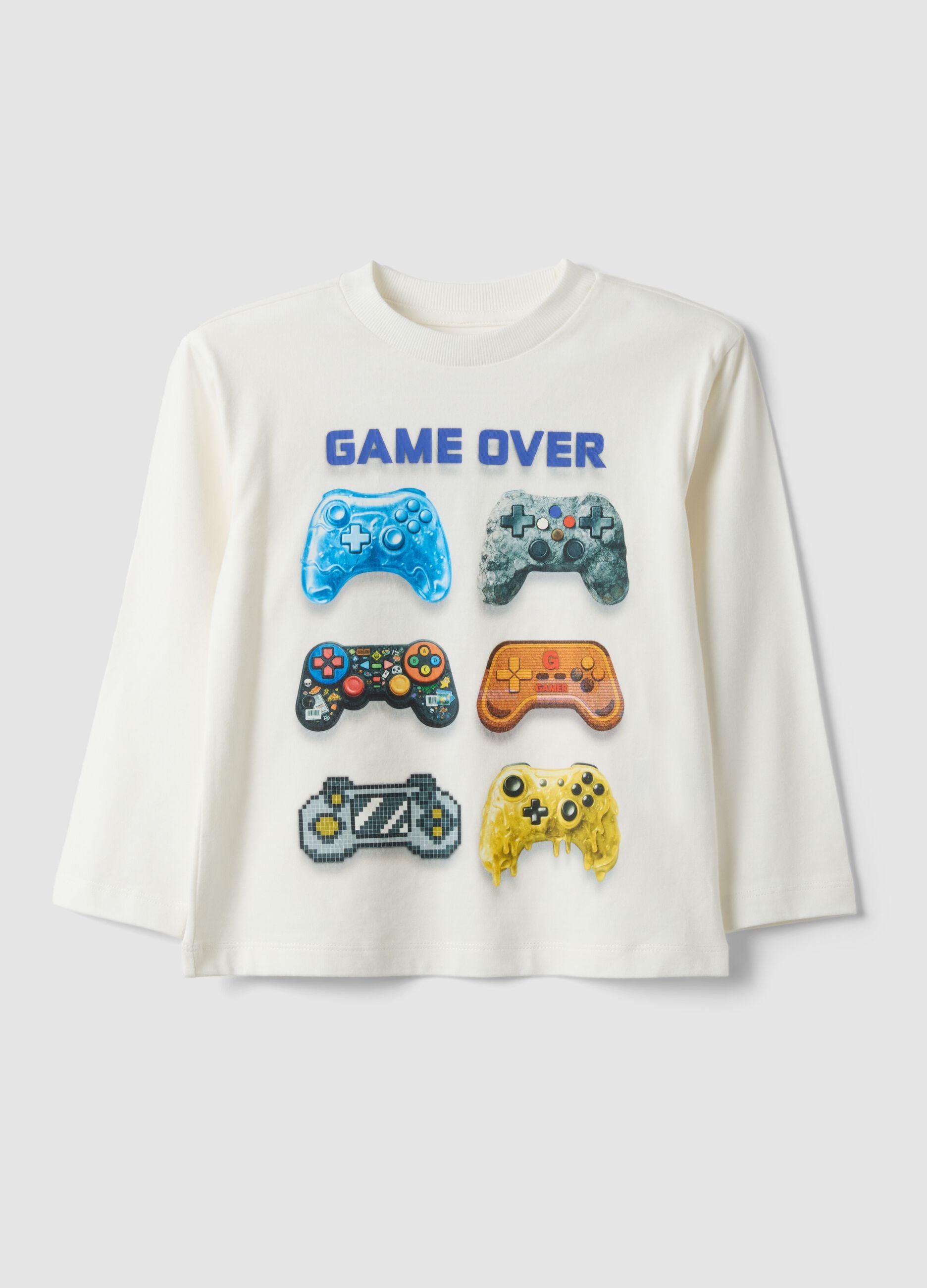 White pure cotton crew-neck T-shirt with gaming print