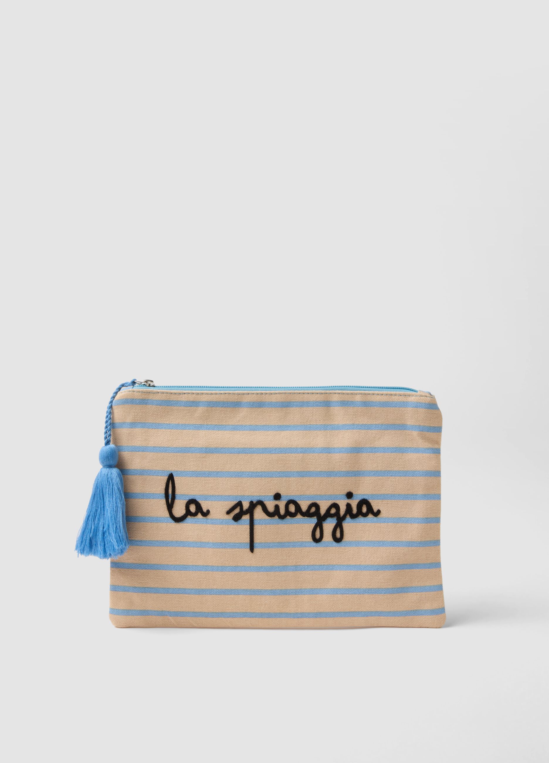 Beige pure cotton pouch with light blue stripes, tassel and zip