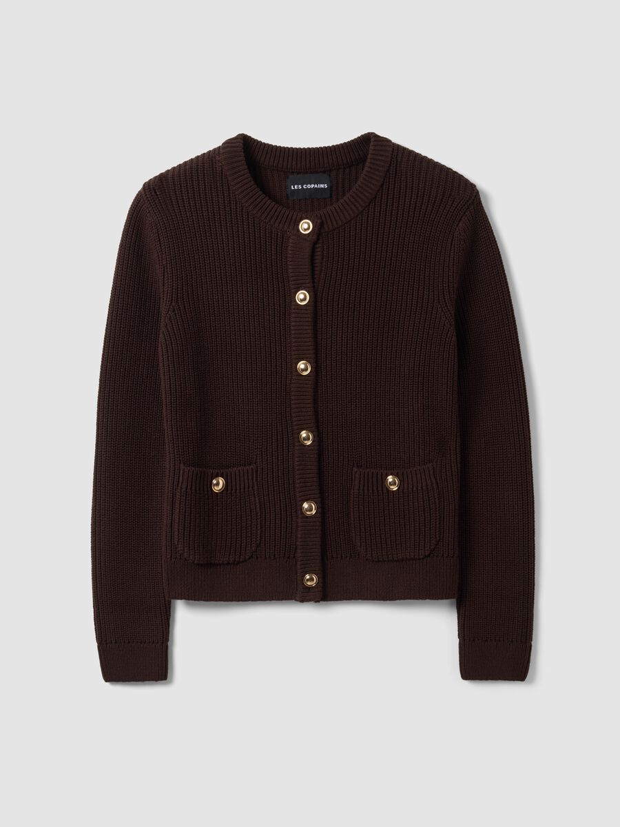 Brown pure cotton crew-neck knit cardigan_4