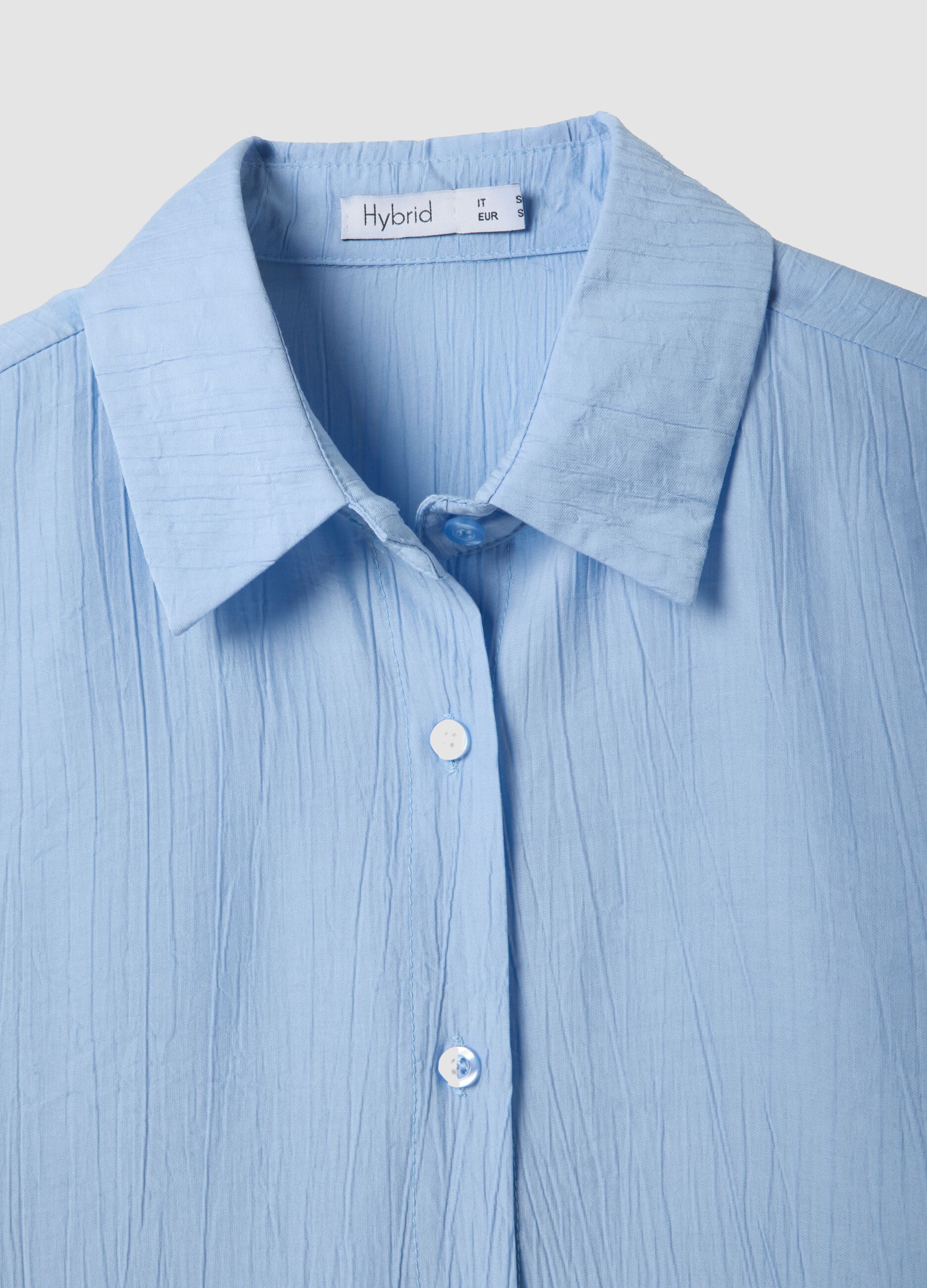 Light blue viscose-blend regular-fit shirt with crinkled texture