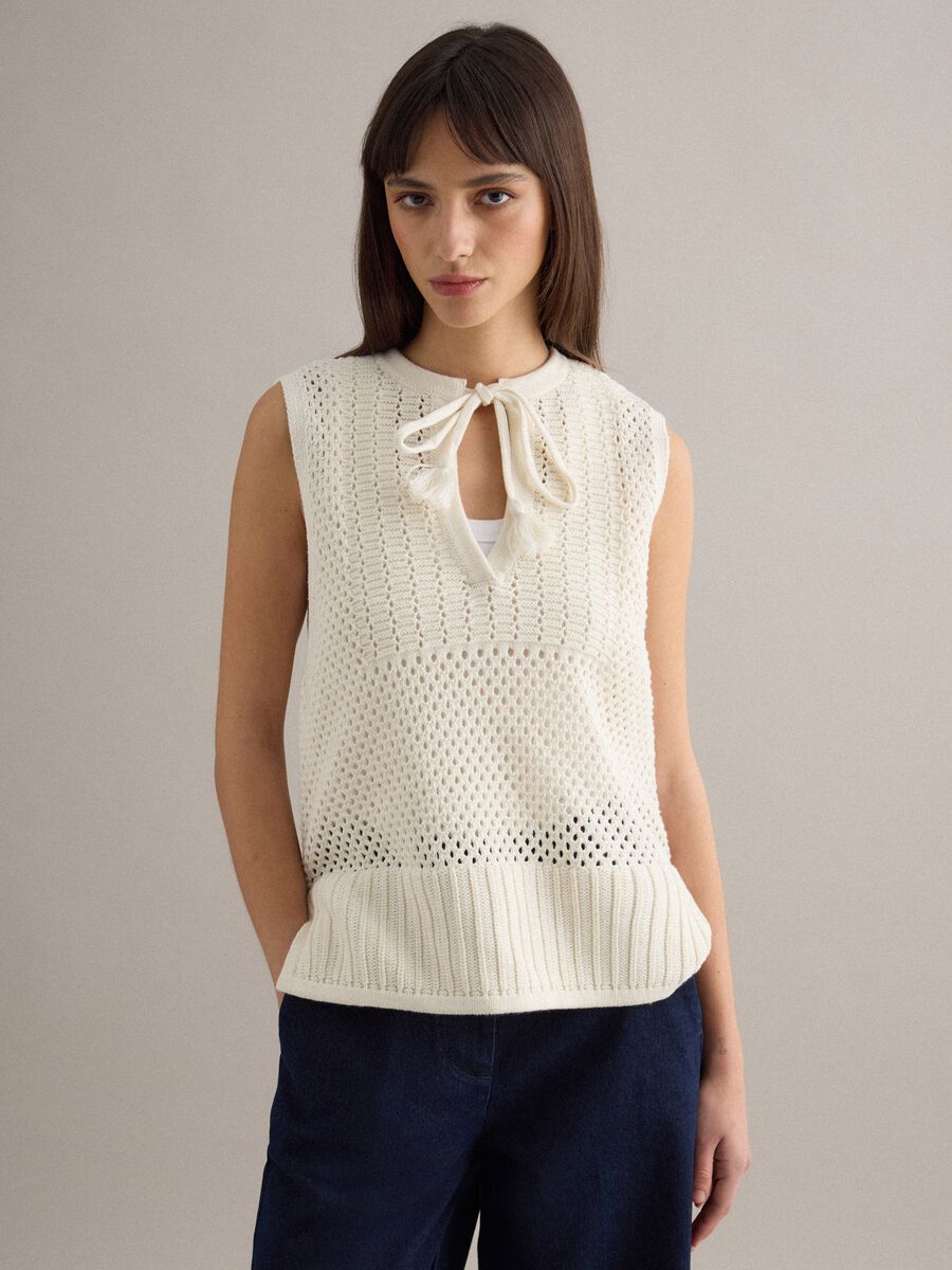 Tank top in puro cotone bianco regular fit con texture a rete_0