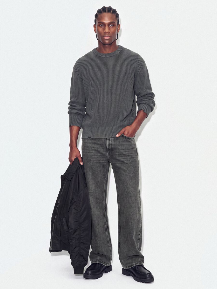 Maglia grigia in puro cotone a coste con girocollo regular fit_1