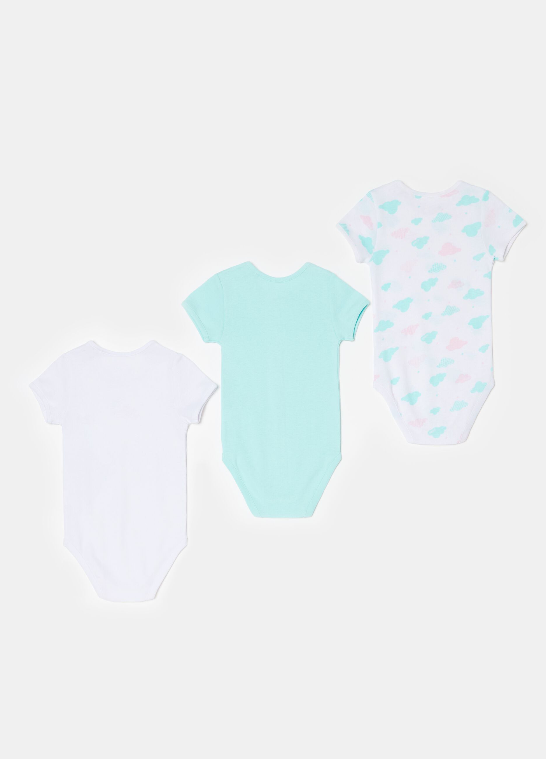 Three-pack short-sleeved bodysuits with print