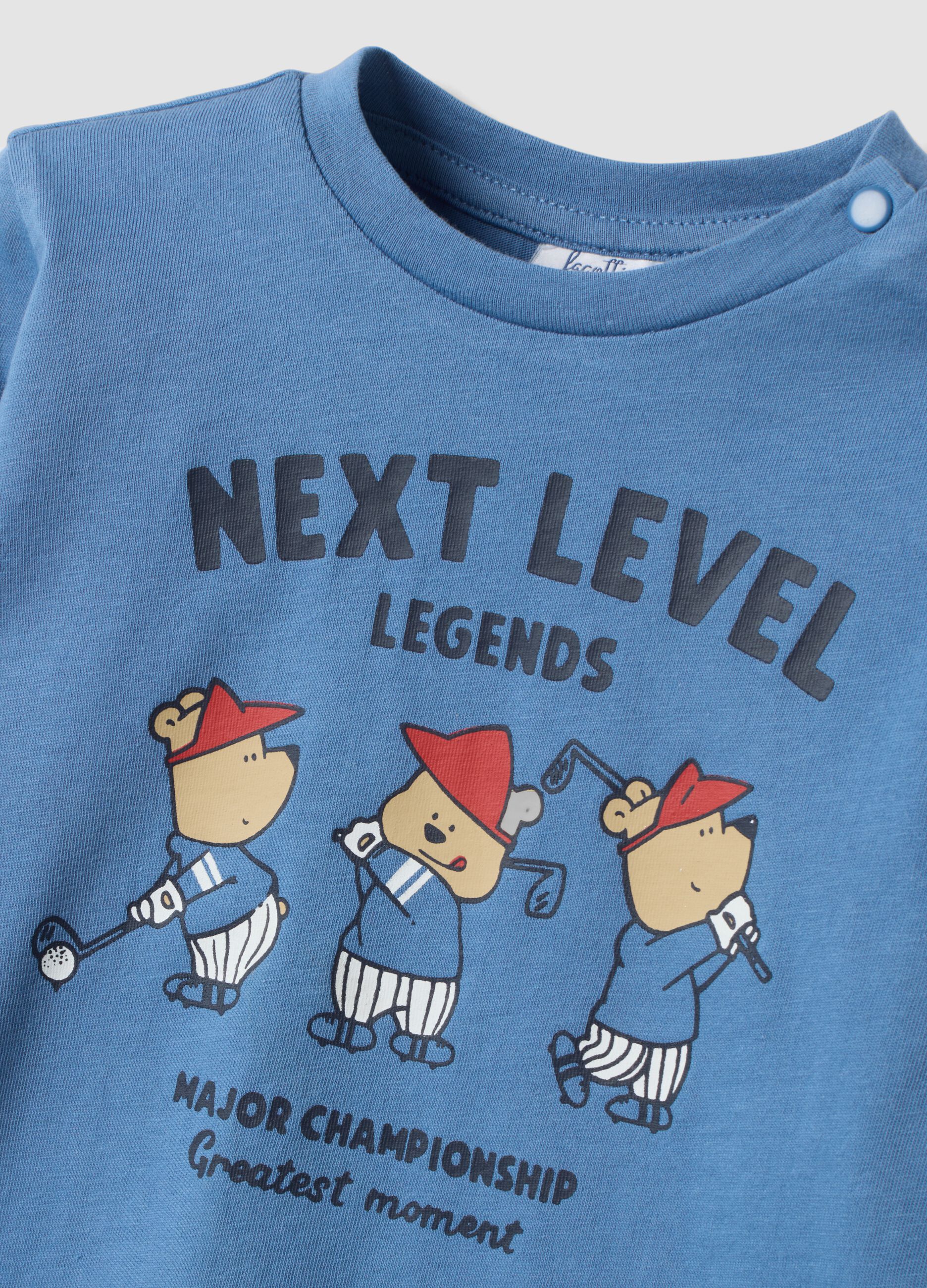 Blue pure organic cotton T-shirt with teddy bear print