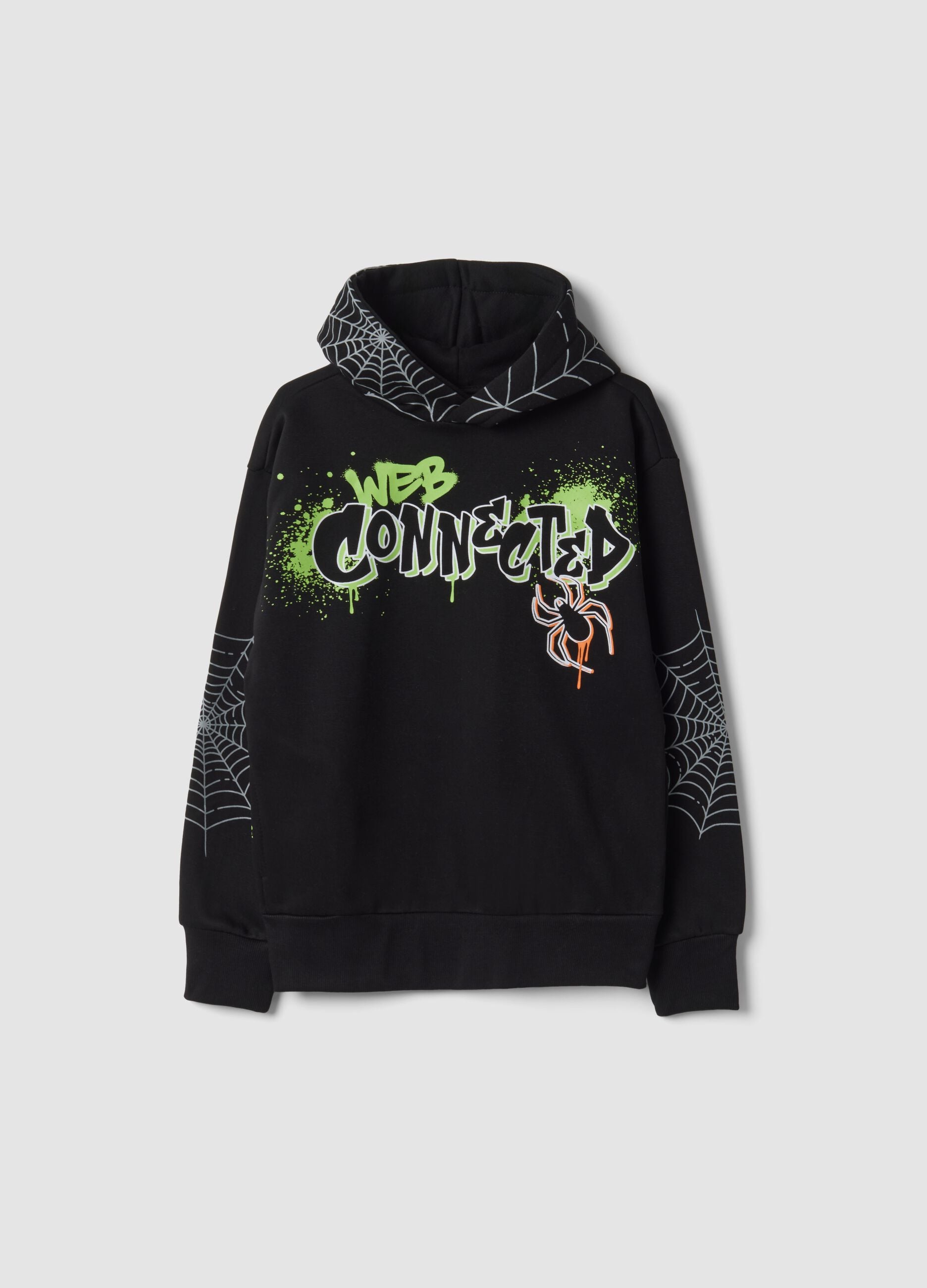 Black cotton-blend hooded sweatshirt with graffiti print, regular fit