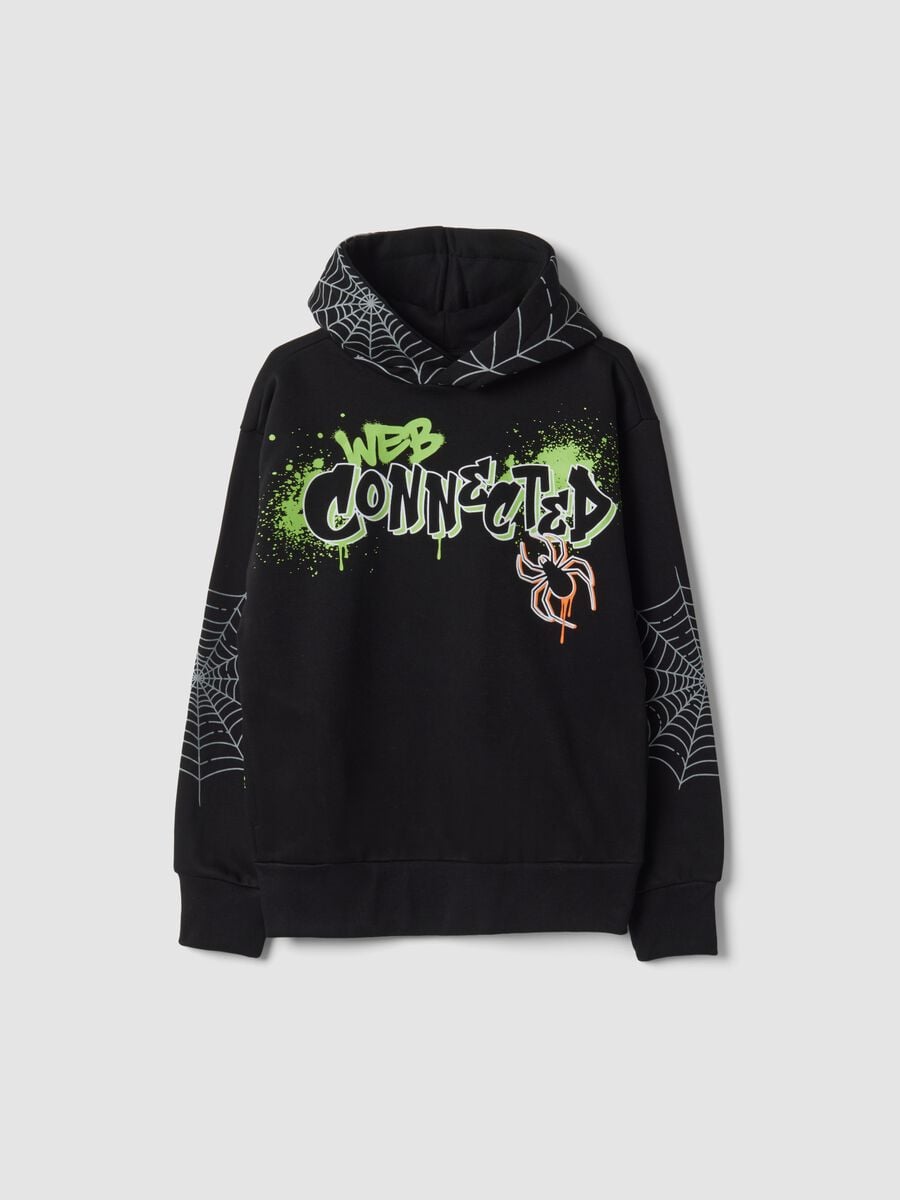 Black cotton-blend hooded sweatshirt with graffiti print, regular fit_0