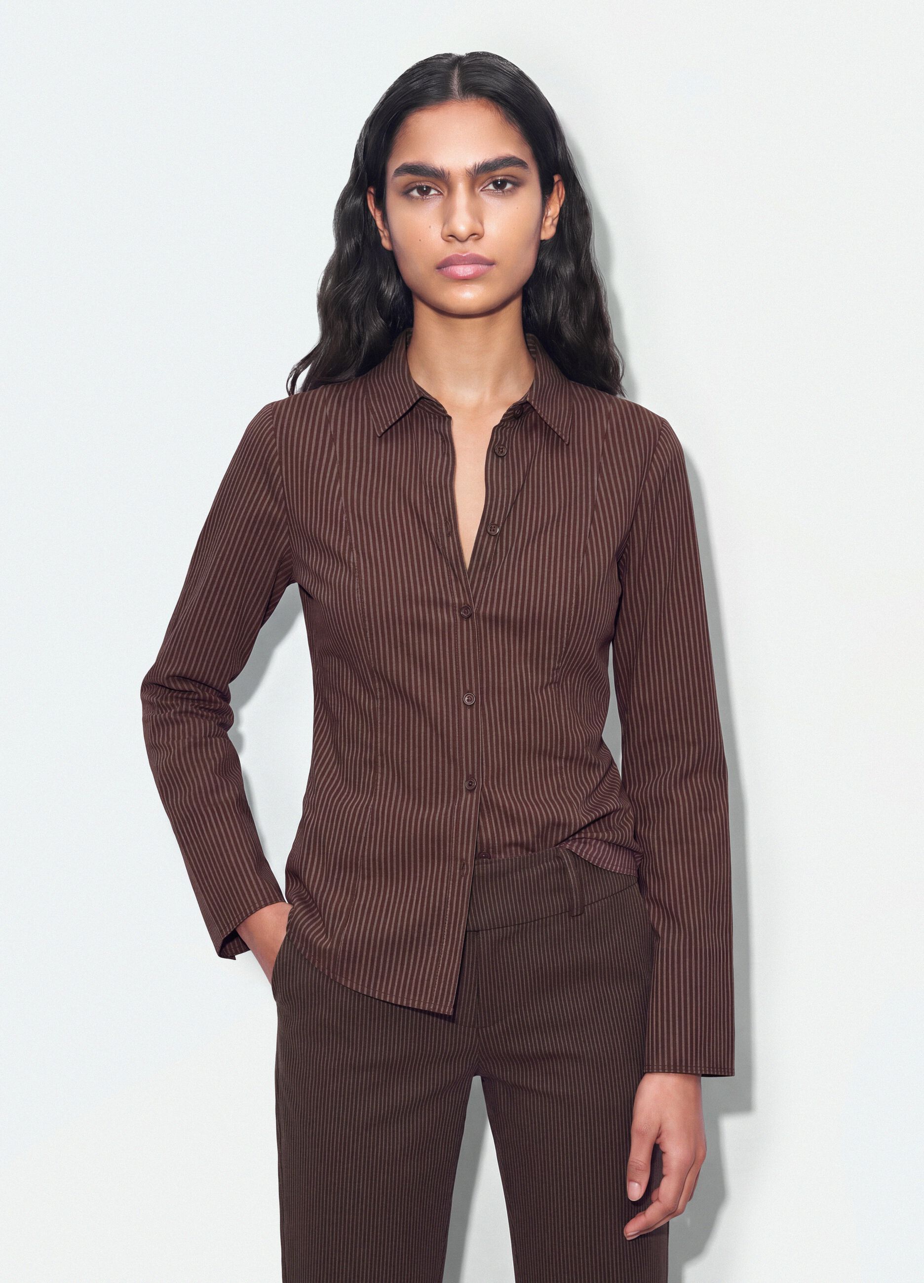 Brown striped slim-fit pure cotton poplin shirt