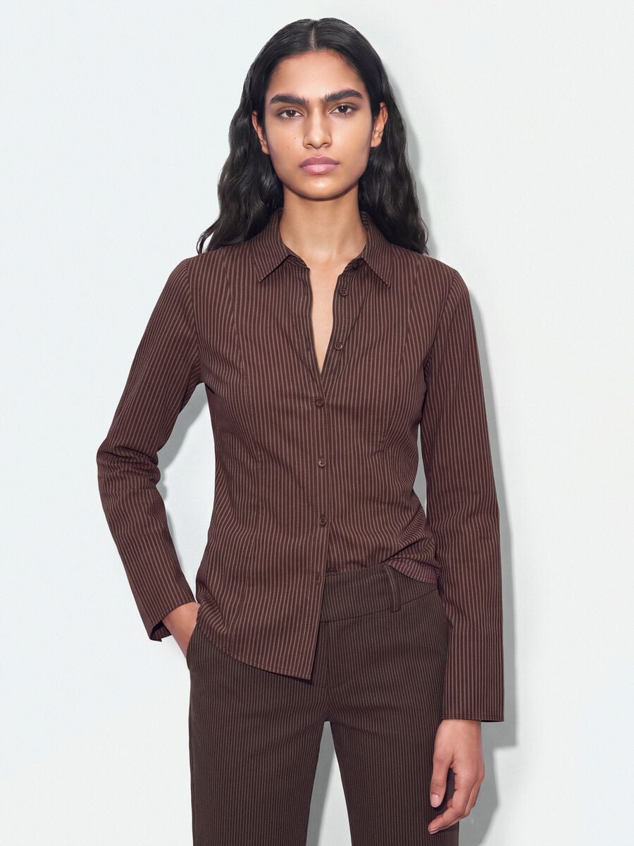 Brown striped slim-fit pure cotton poplin shirt_0