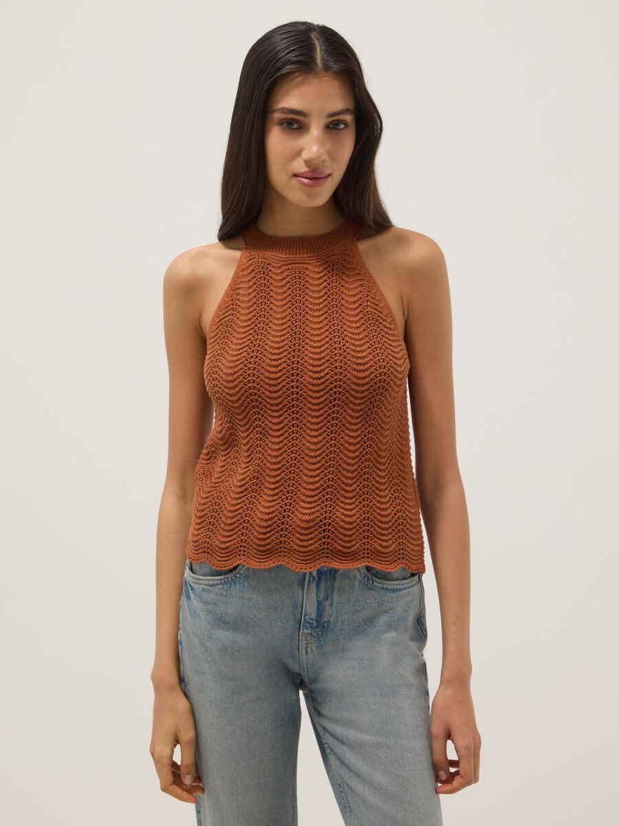 Regular fit orange pure cotton tank top with mesh texture_2