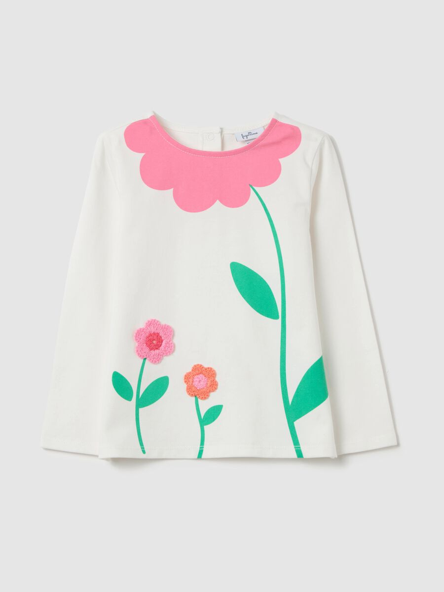 Long-sleeved T-shirt with crochet flowers_0