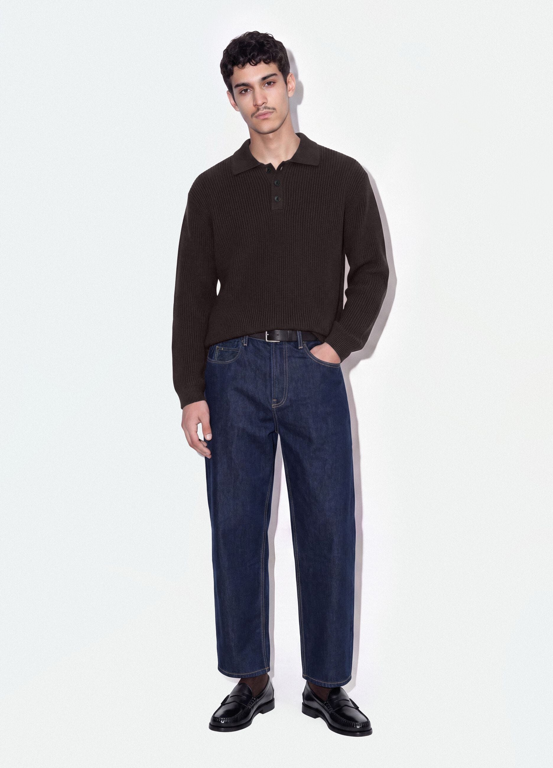 Brown pure cotton over-fit polo-collar knit
