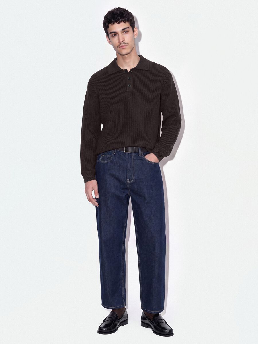Maglia marrone in puro cotone con colletto polo over fit_1