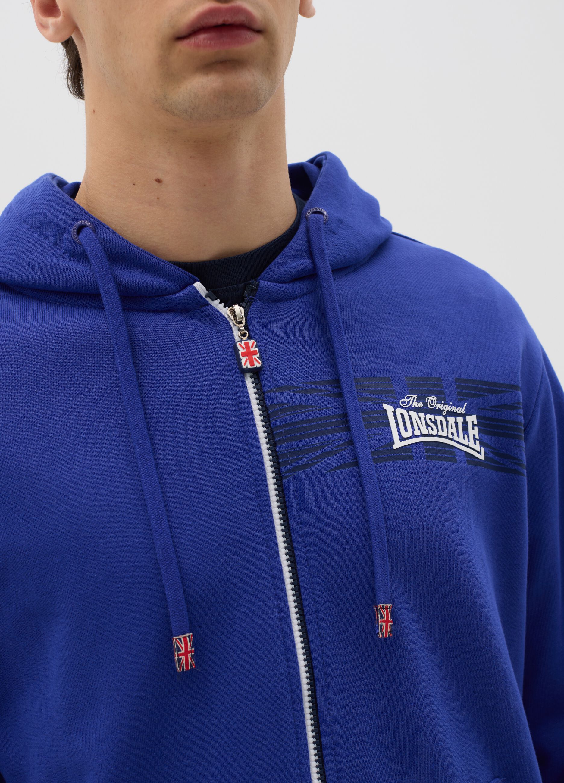 Blue full-zip sweatshirt with hood