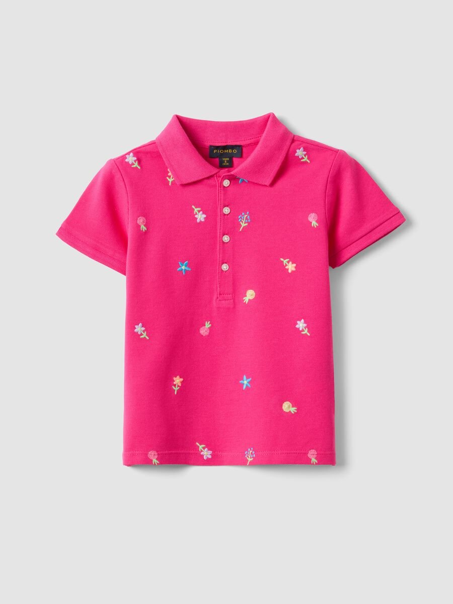 Polo in puro cotone rosa da bambina regular fit con fiori ricamati_3