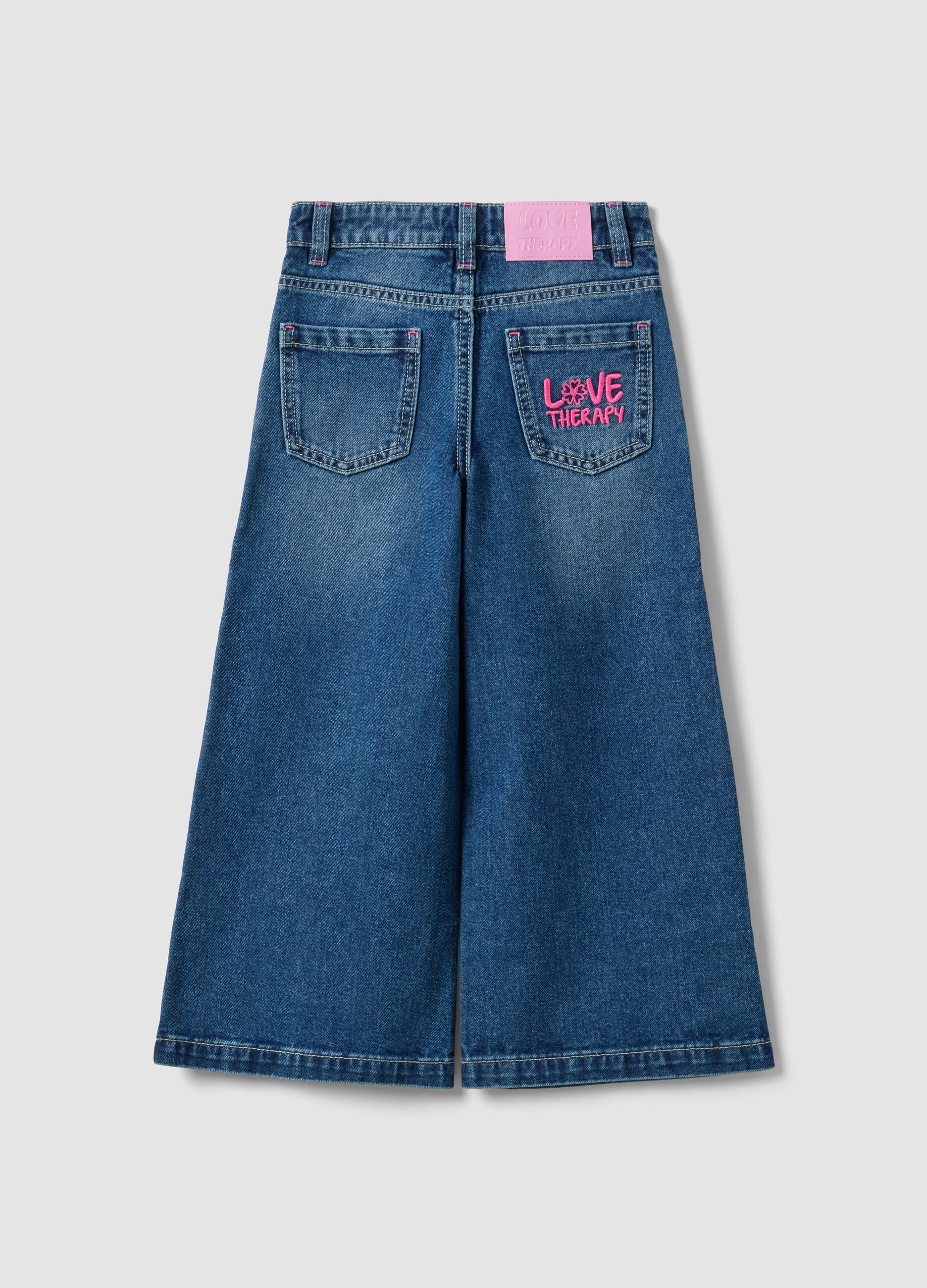Blue wide-leg pure cotton jeans with floral print for girls