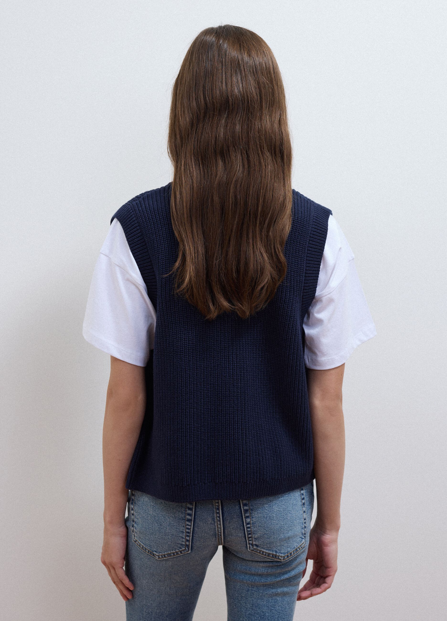 Blue pure-cotton knitted gilet in a regular fit