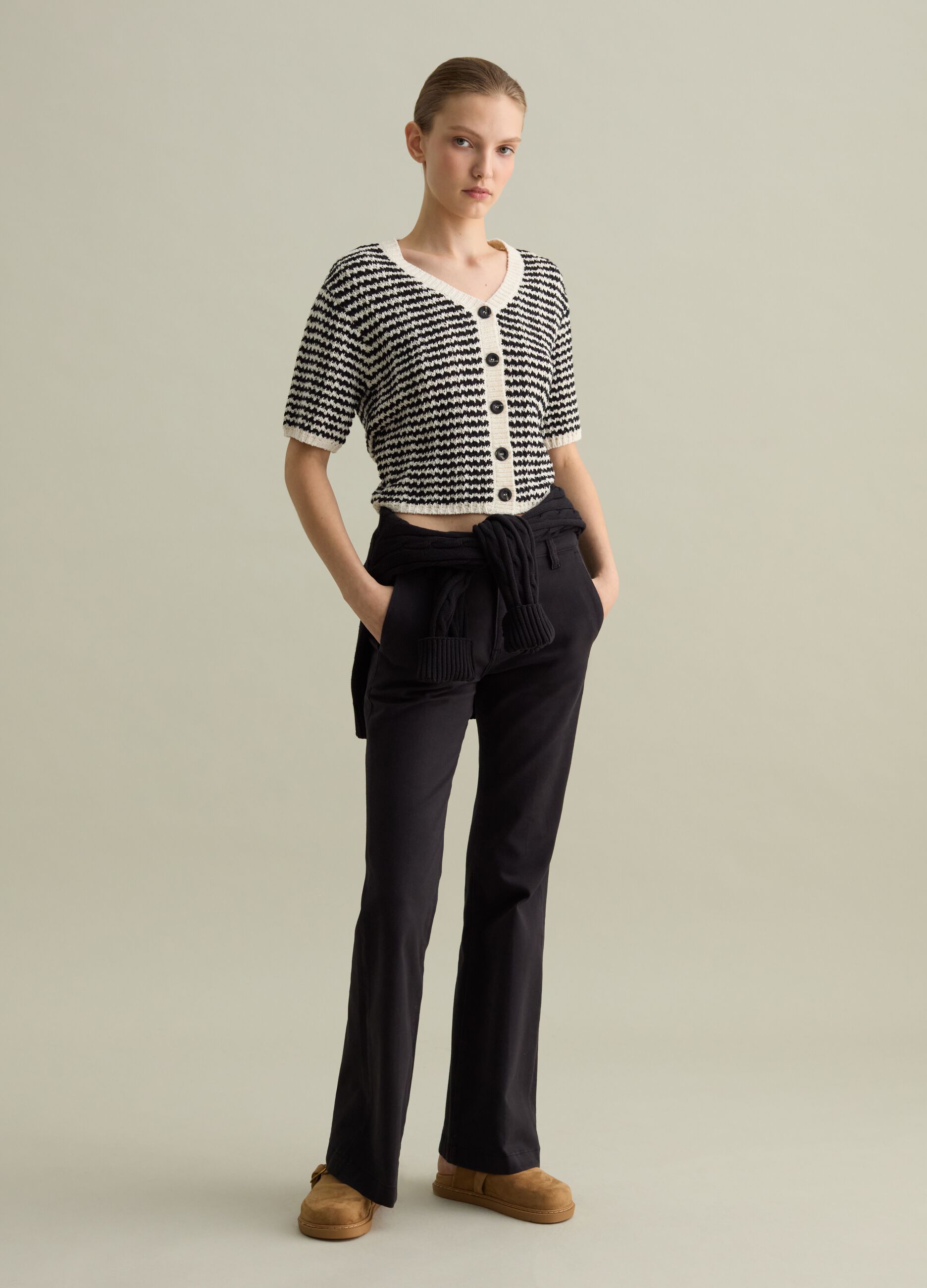 Short-sleeved cardigan with striped design