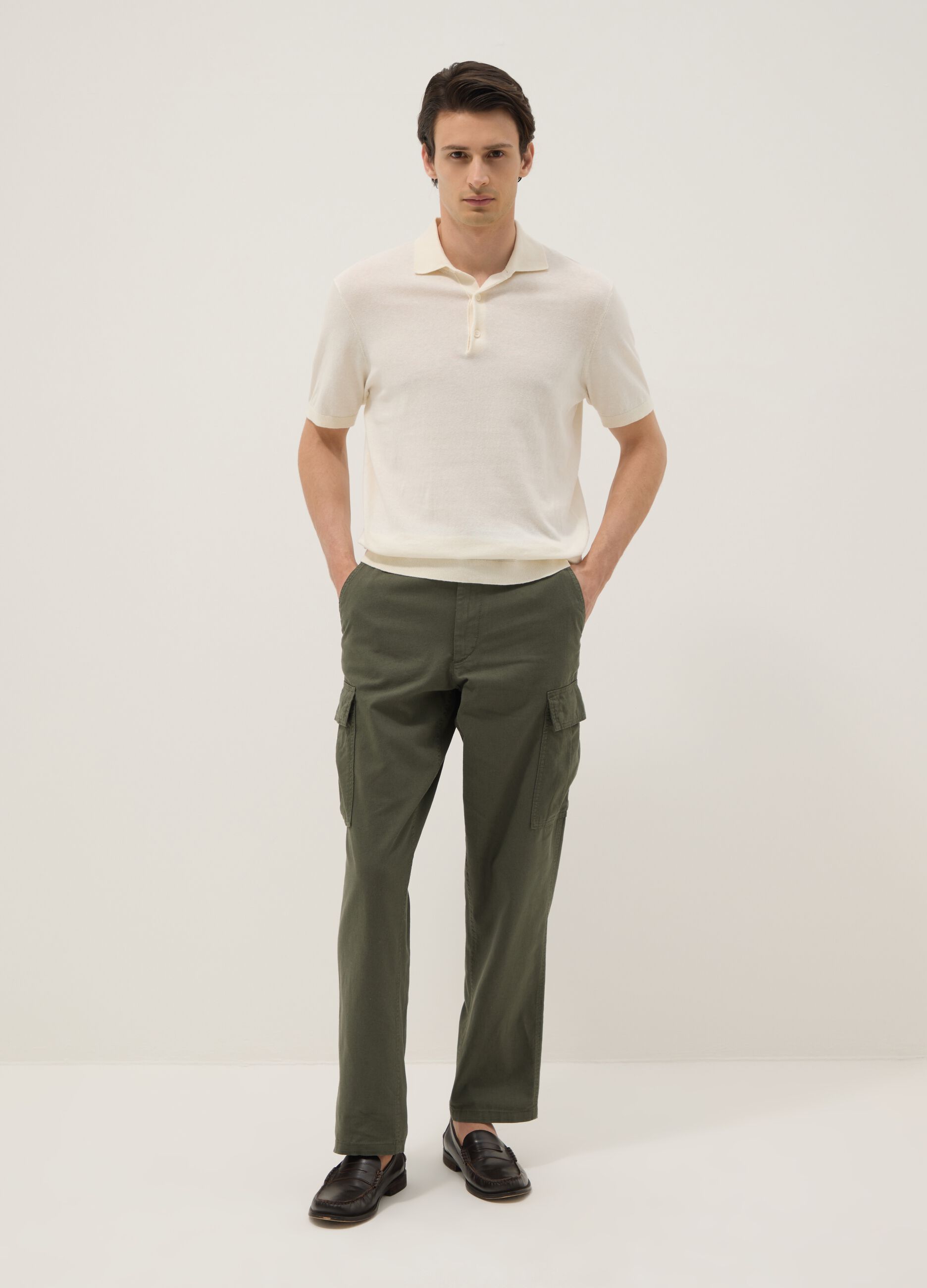 Green regular-fit linen and cotton-blend cargo trousers