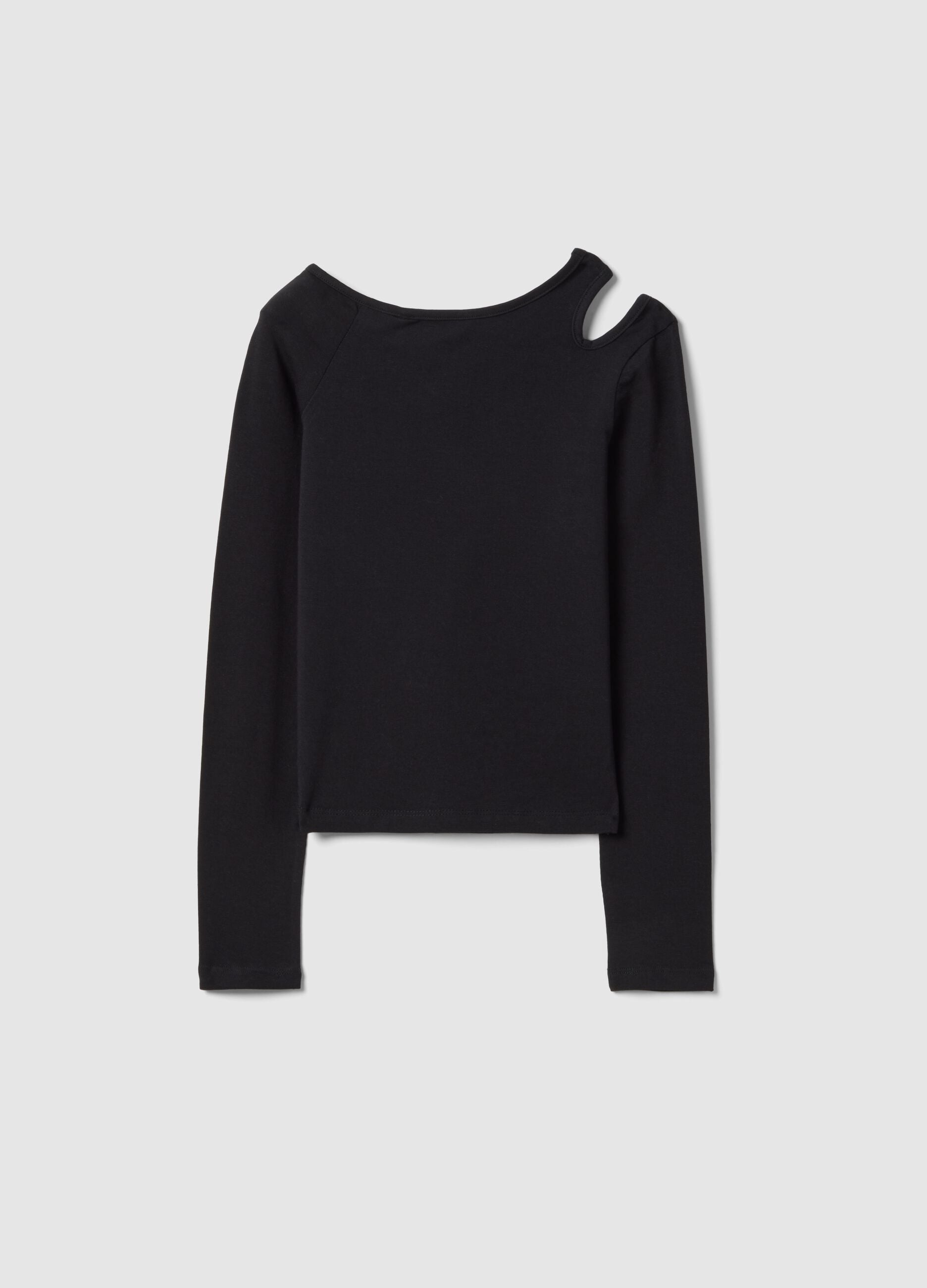 Black cotton blend slim fit girl's top with boat neckline