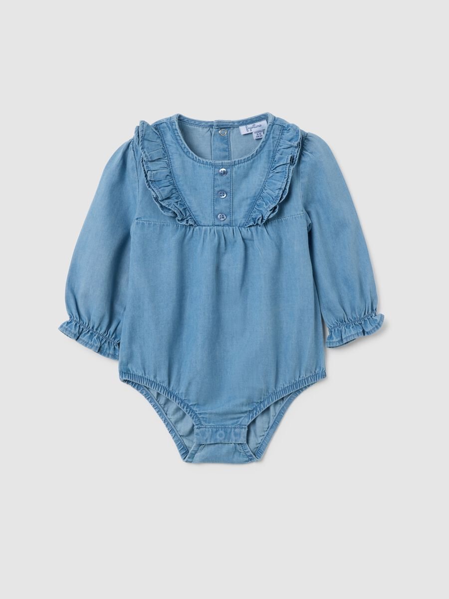 Baby girl bodysuit in pure denim cotton with frills_0