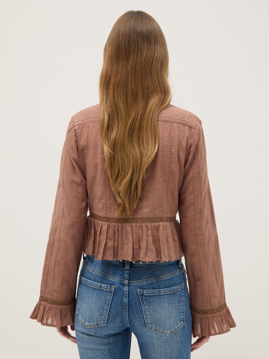 Brown pure cotton regular fit shirt with ruffles_3