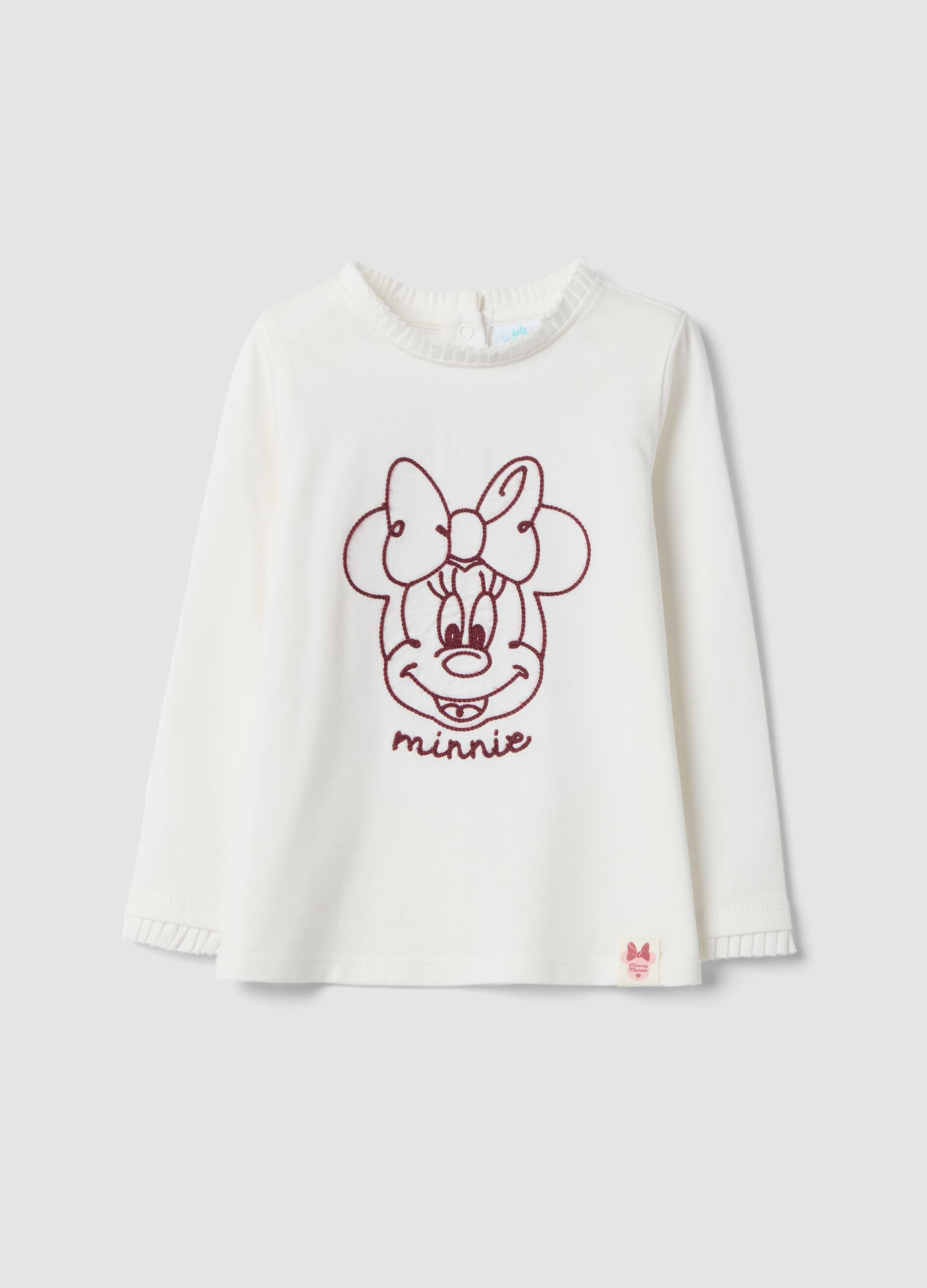 White stretch organic cotton T-shirt with Minnie embroidery