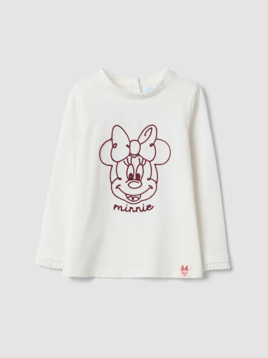 Maglietta bianca in cotone organico elasticizzato con ricamo Minnie_0