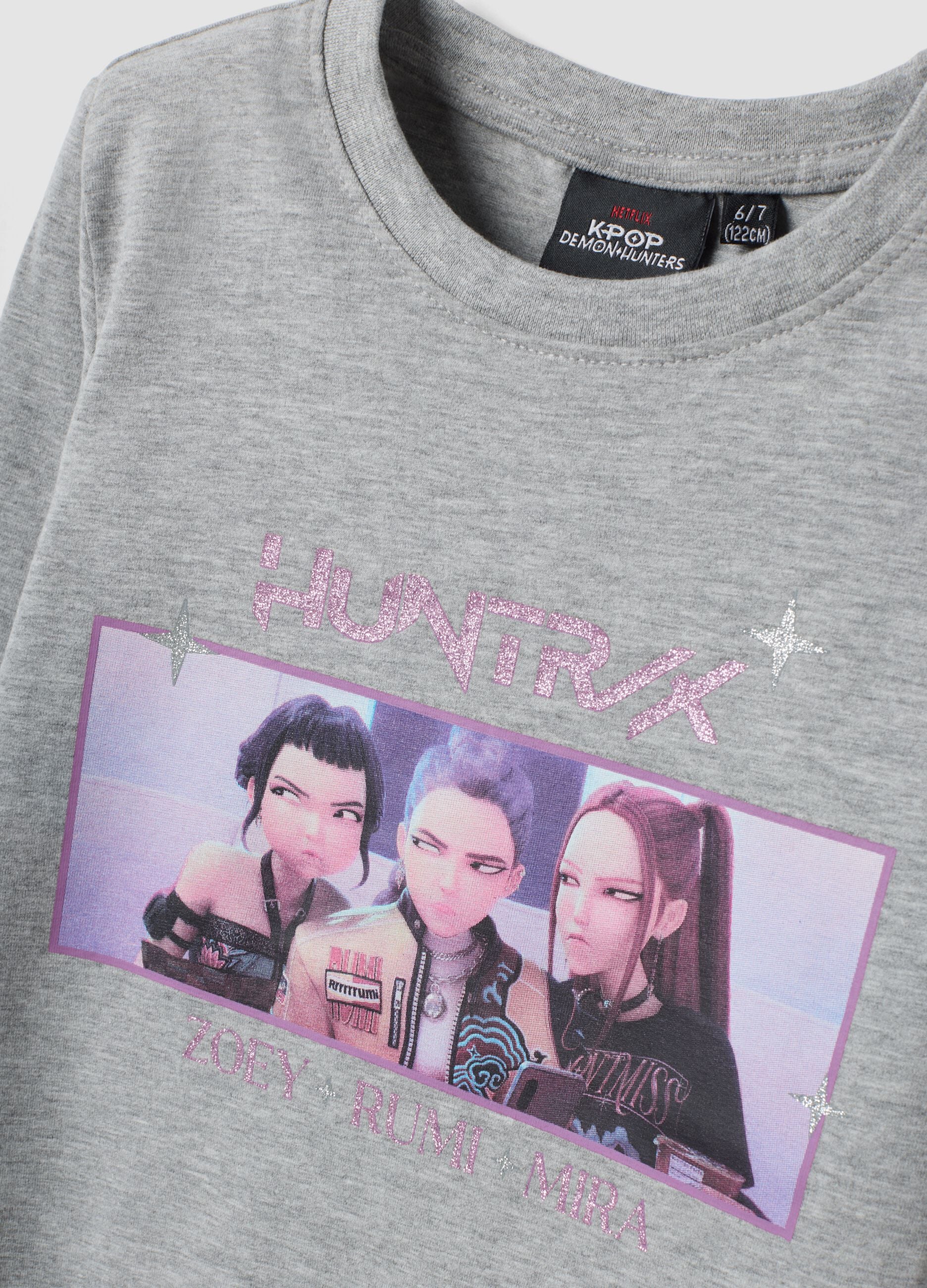 Grey stretch cotton long-sleeve T-shirt with K-Pop Demon Hunters print