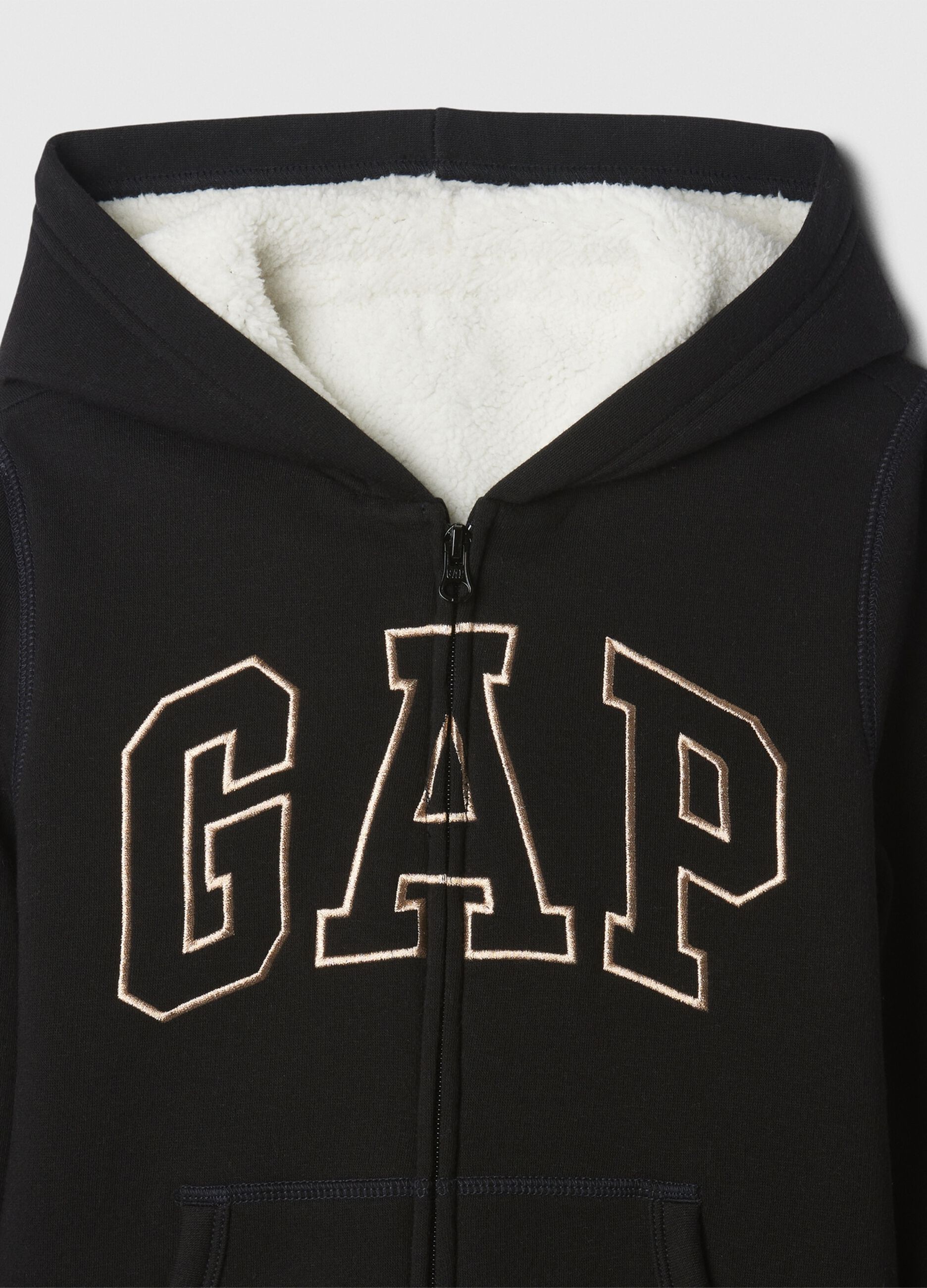 Full-zip sweatshirt and hood with sherpa lining